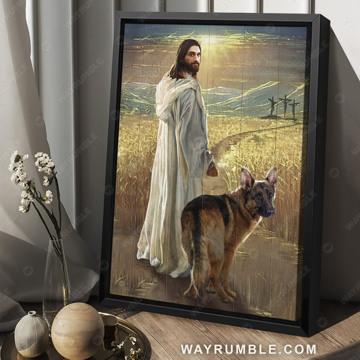 Walking with Jesus, Rice field, German shepherd dog, Sunny day - Jesus Portrait Canvas Prints, Christian Wall Art