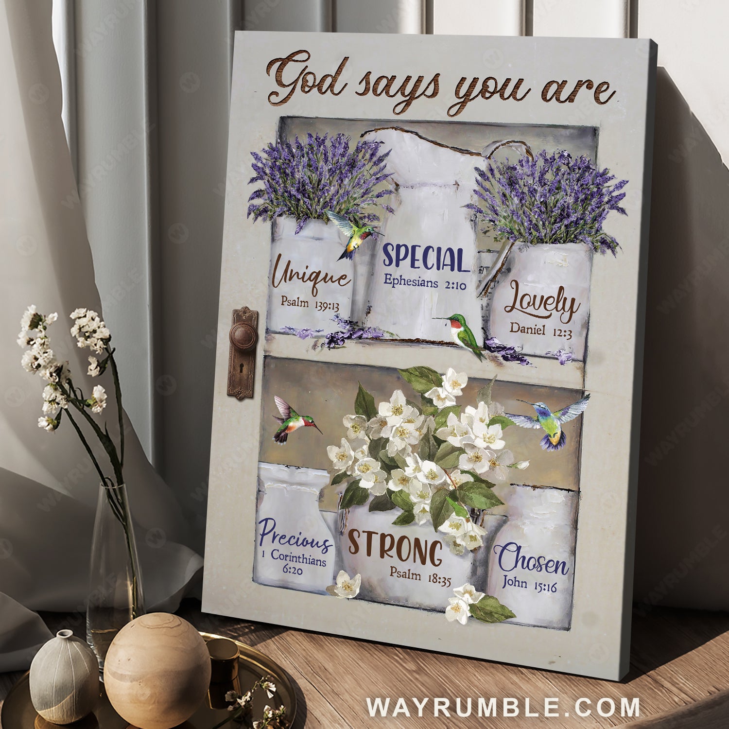 Pretty lavender, Jasmine vase, Hummingbird drawing, God says you are - Jesus Portrait Canvas Prints, Home Decor Wall Art