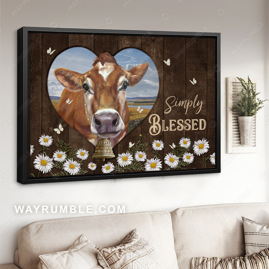 Cute cow painting, Heart shape, Daisy field, Simple blessed - Jesus Landscape Canvas Prints, Christian Wall Art