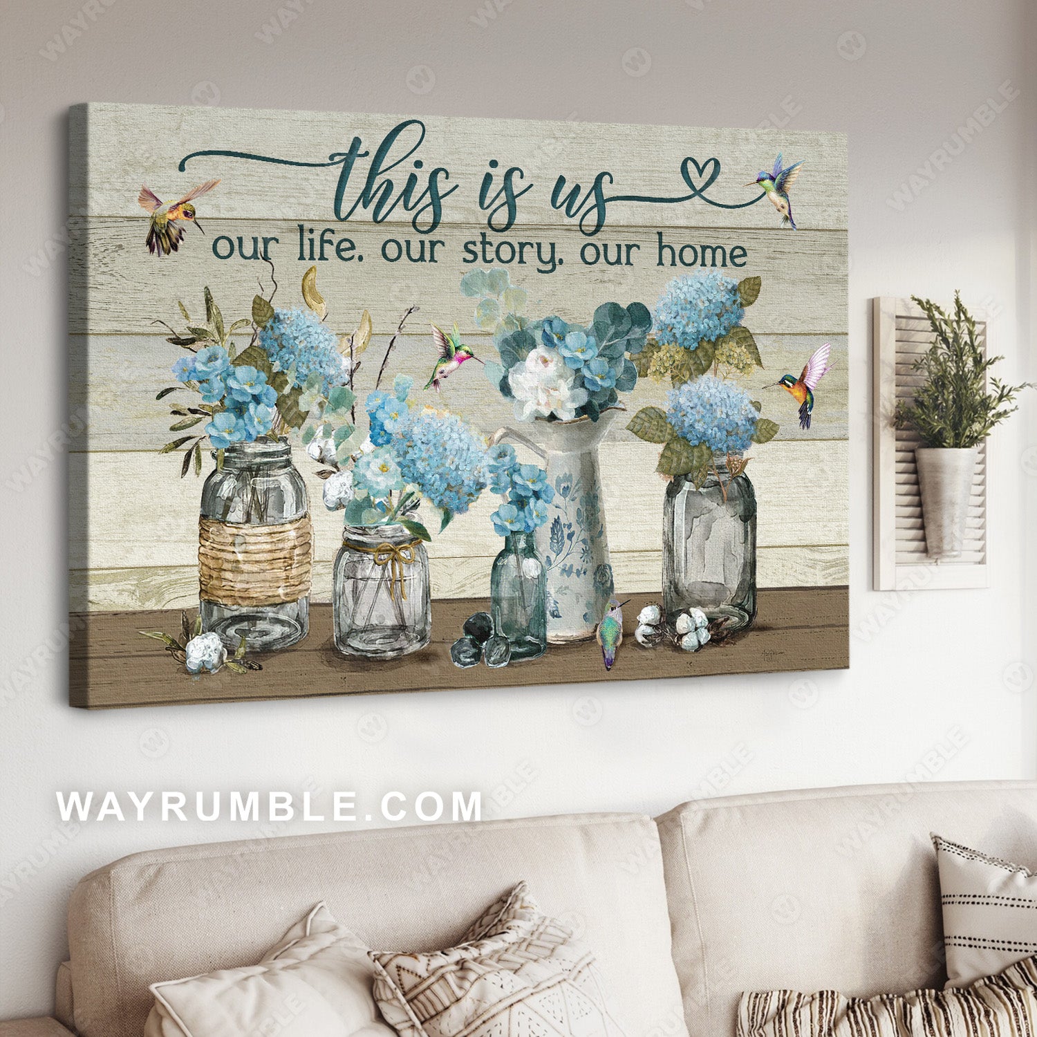 Blue flower painting, Colorful hummingbird, This is us, Our life, Our story - Jesus Landscape Canvas Prints, Home Decor Wall Art