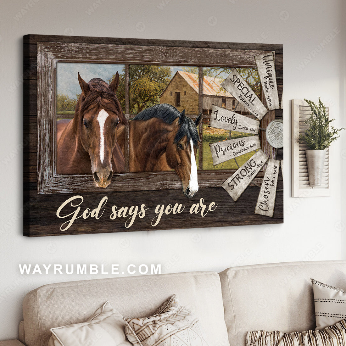 Brown horses, Vintage windmill, Green meadow, God says you are unique - Jesus Landscape Canvas Prints, Christian Wall Art