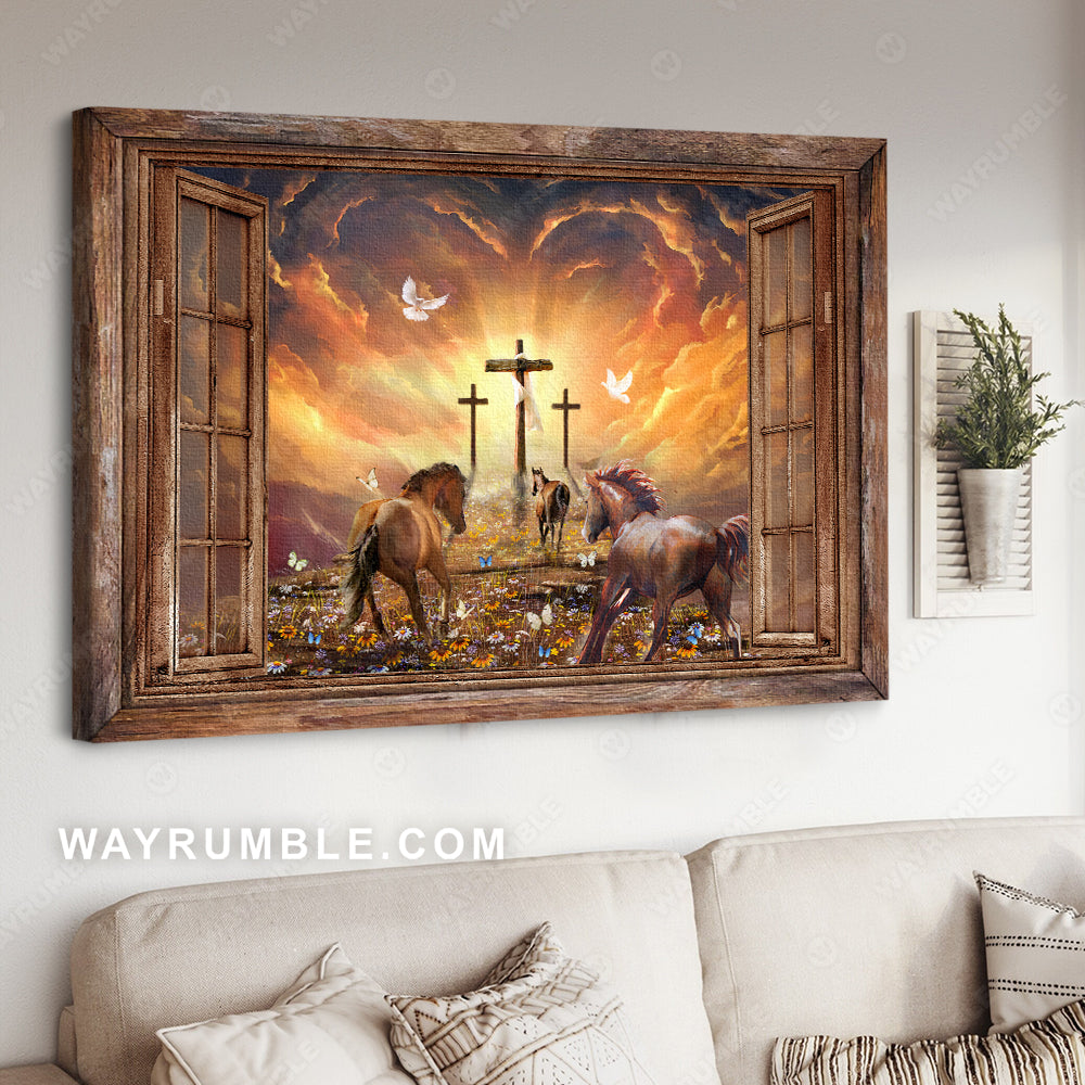 Window frame, Sunset painting, Path to heaven, The three crosses, Running with horses - Jesus Landscape Canvas Prints, Christian Wall Art