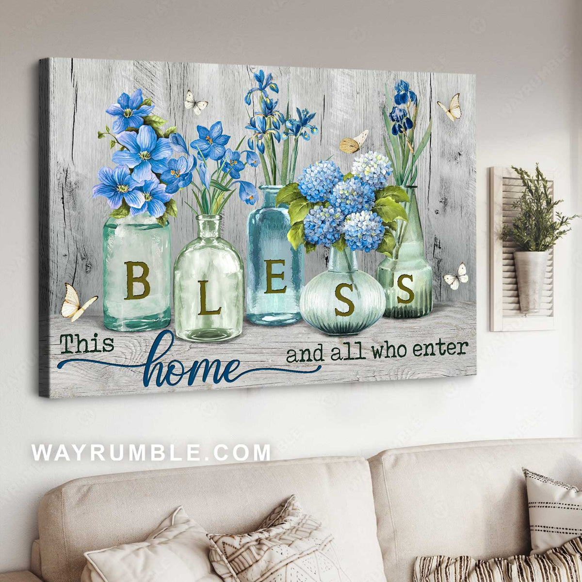 Blue flower, Pretty hydrangea, Butterfly, Bless this home and all who enter - Jesus Landscape Canvas Prints, Home Decor Wall Art