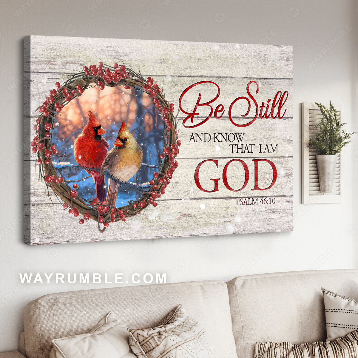 Cranberry wreath, Cardinal drawing, Blue forest, Be still and know that I am God - Jesus Landscape Canvas Prints, Christian Wall Art