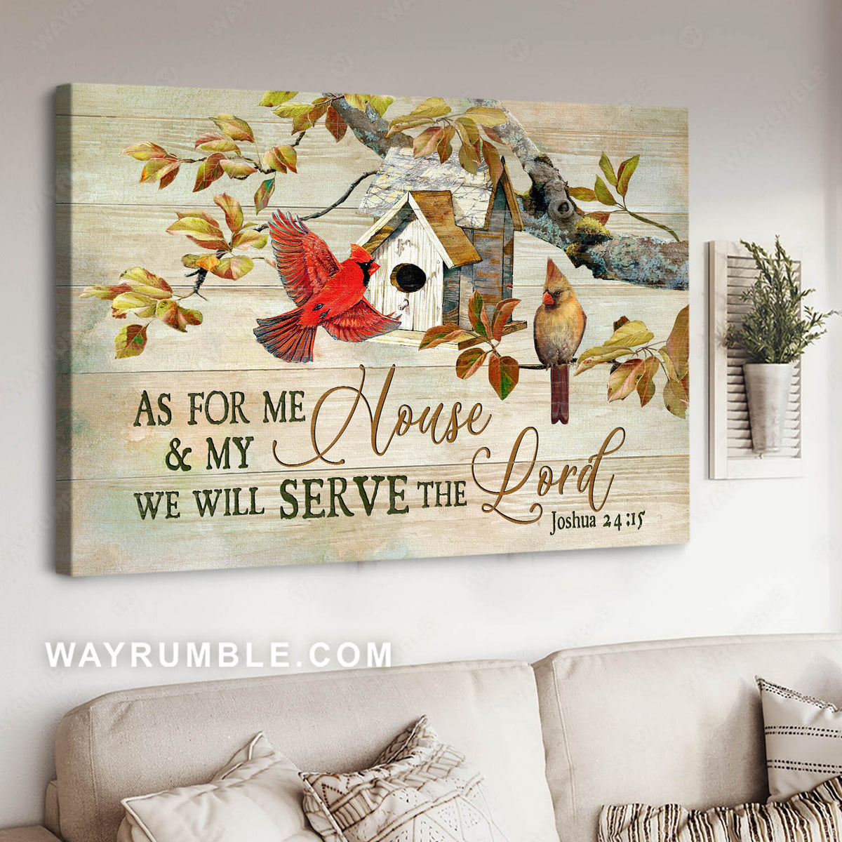 Male and female cardinals, Bird house, Tree branch, Serve the Lord - Jesus Landscape Canvas Prints, Christian Wall Art