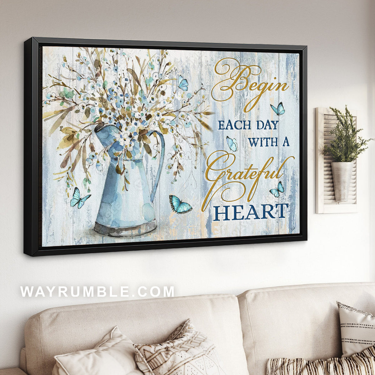 Pretty flower vase, Crystal butterfly, Begin each day with a grateful heart - Jesus Landscape Canvas Prints, Home Decor Wall Art