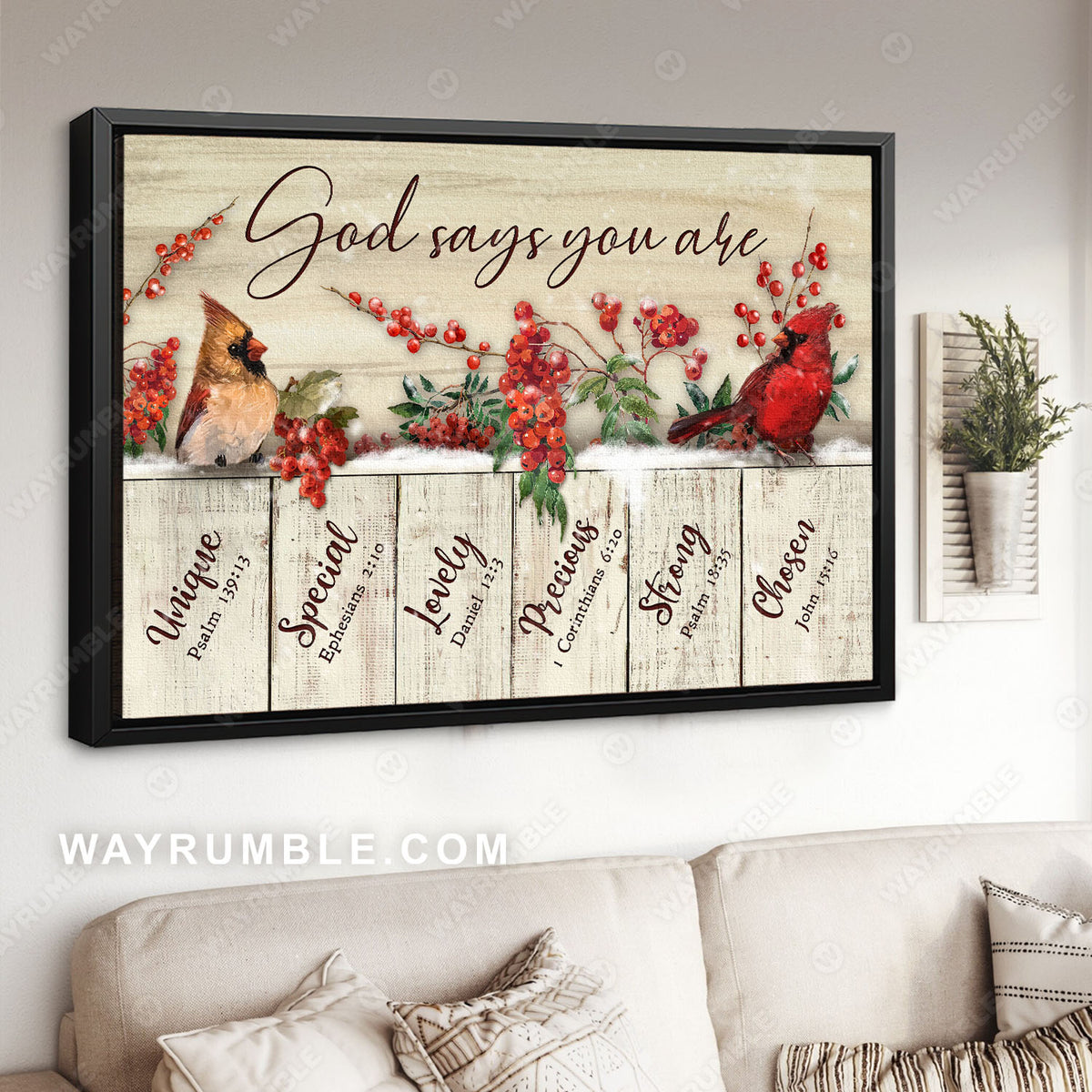 Frozen cranberry, Cute cardinal, Day of winter, God says you are unique - Jesus Landscape Canvas Prints, Christian Wall Art