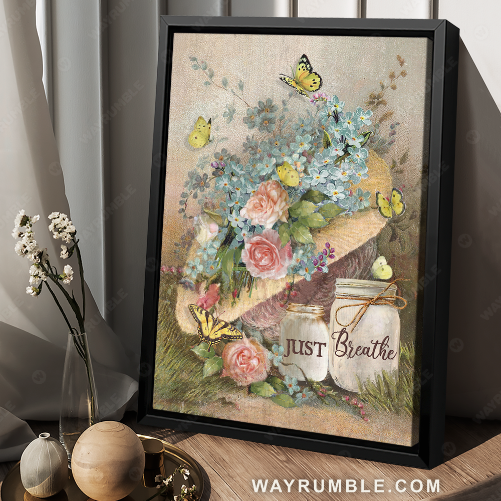 Pastel flower vase, Yellow butterfly, Just breathe - Jesus Portrait Canvas Prints, Christian Wall Art