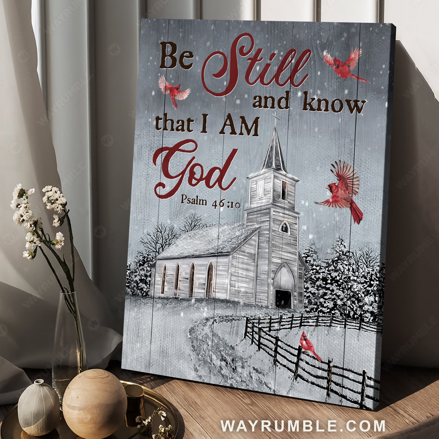Winter night, Beautiful church, Red cardinal, Be still and know that I am God - Jesus Portrait Canvas Prints, Home Decor Wall Art
