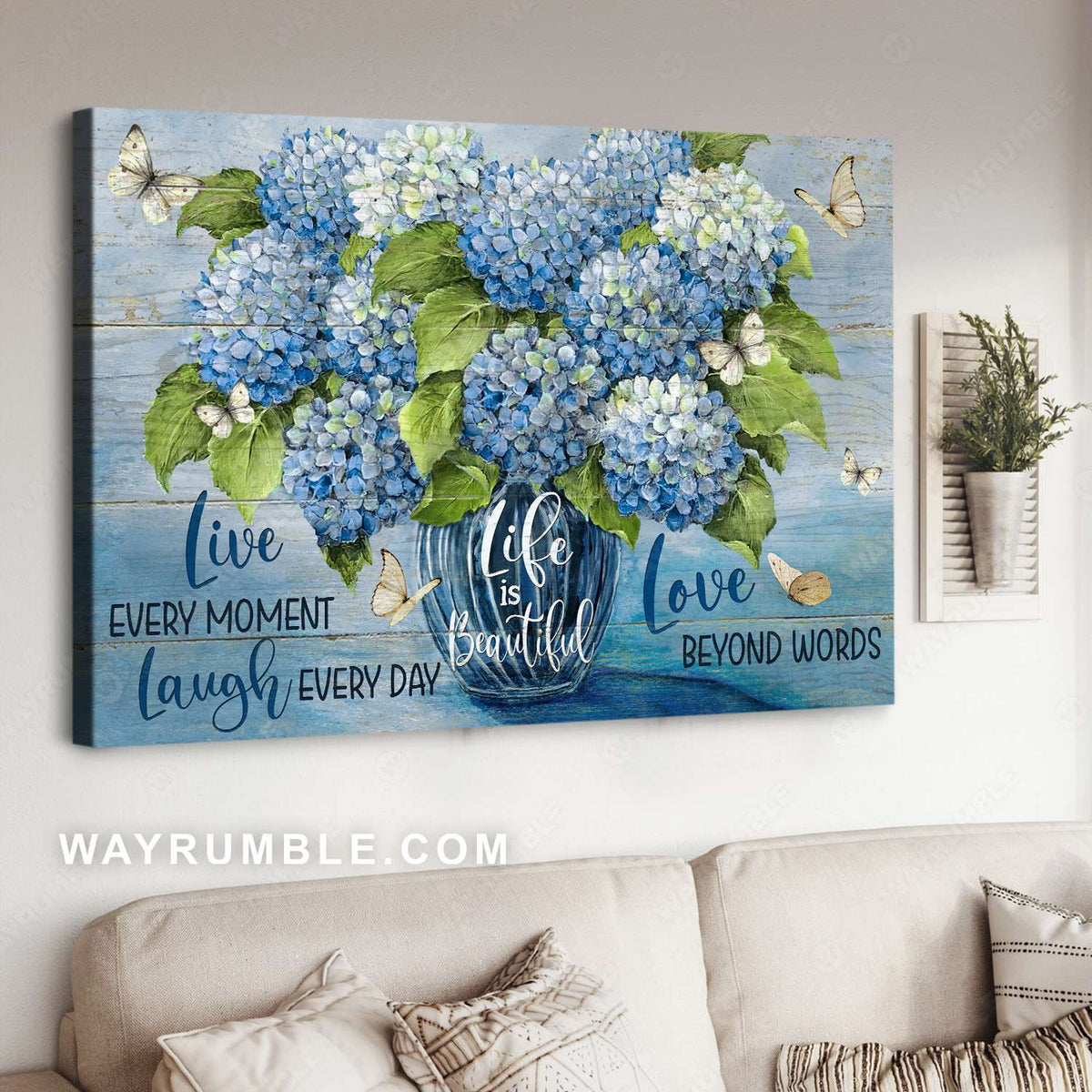 Blue hydrangea, Crystal vase, White butterfly, Life is beautiful - Jesus Landscape Canvas Prints, Christian Wall Art