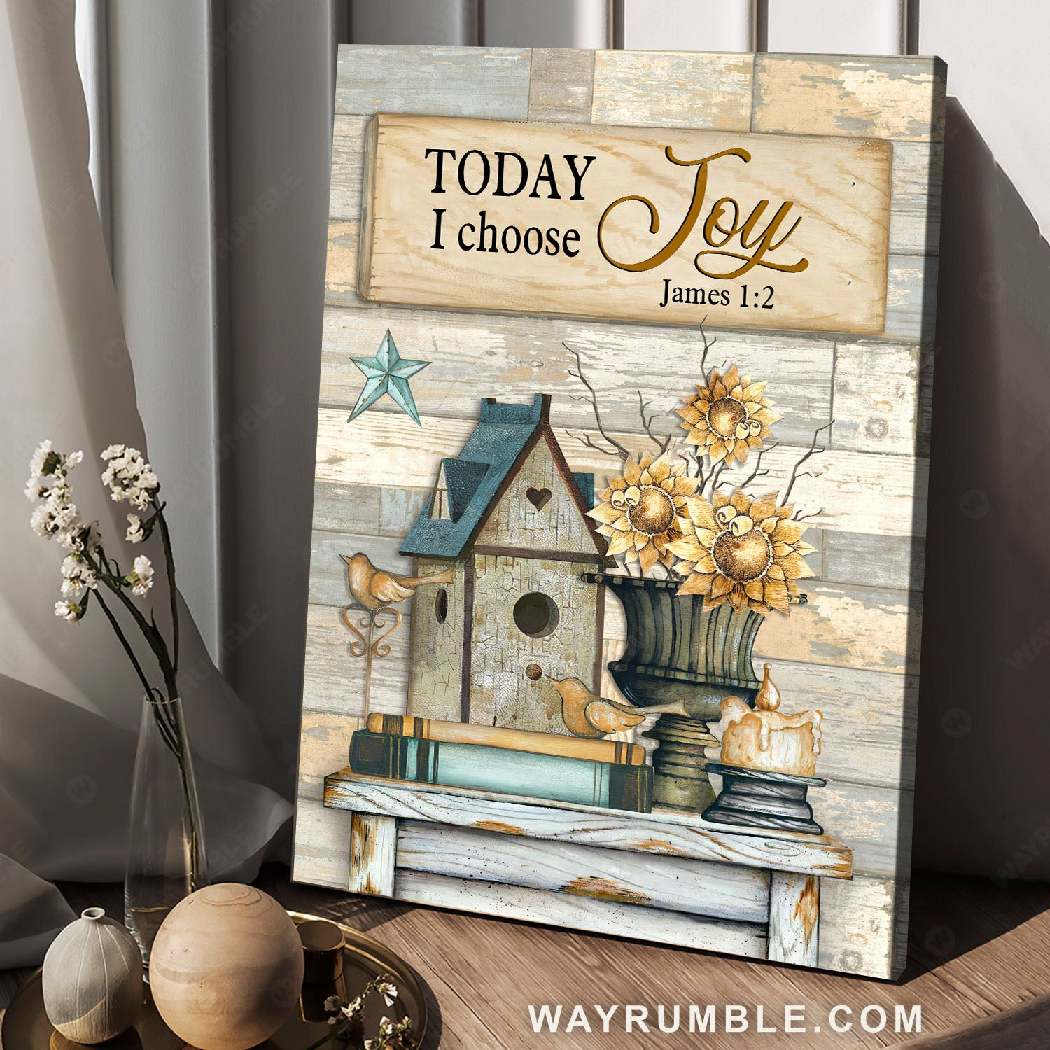 Birdhouse, Sunflower vase, Vintage picture, Today I choose joy - Jesus Portrait Canvas Prints, Christian Wall Art