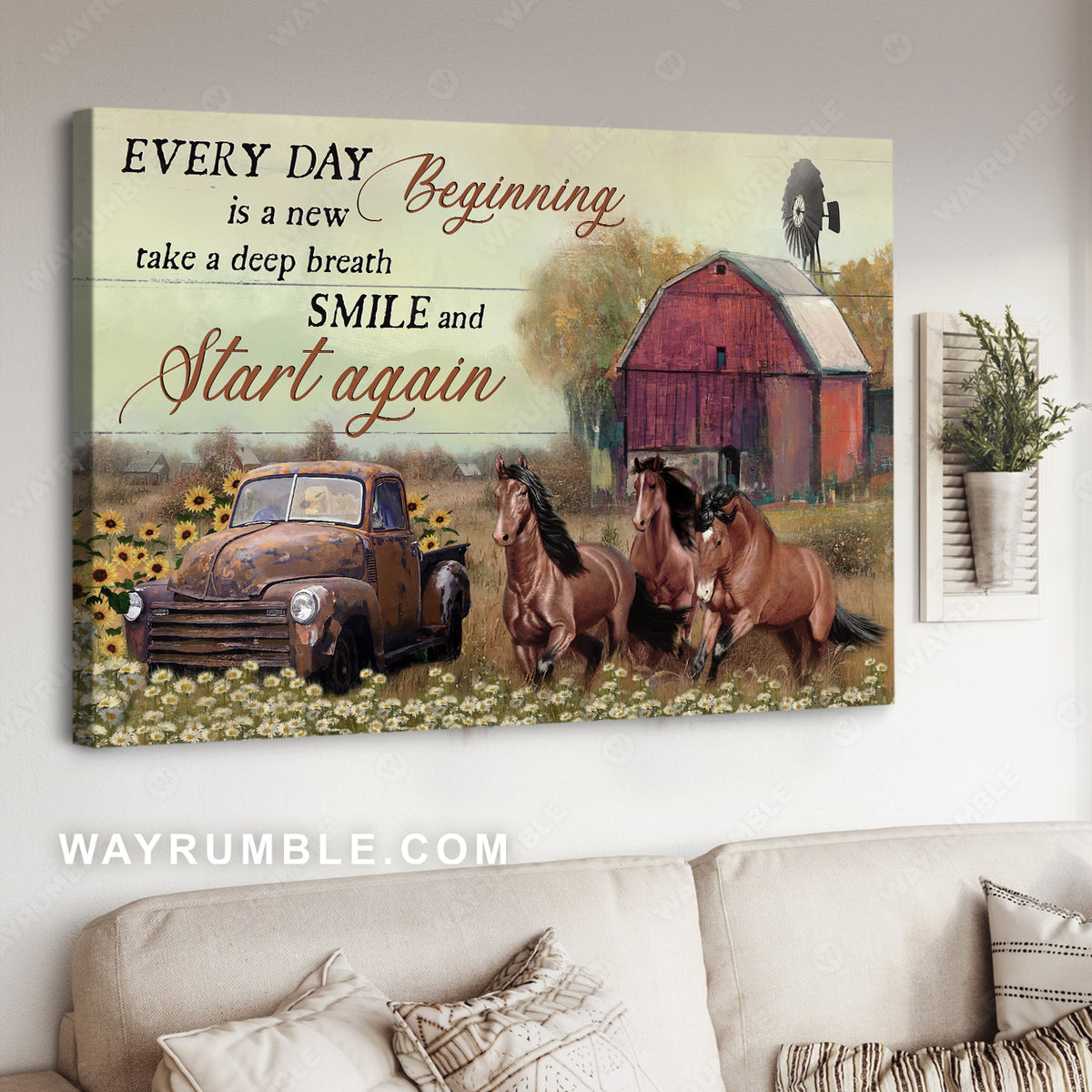 Old ladybug car, Brown horse, Sunflower, Every day is a new beginning - Jesus Landscape Canvas Prints, Christian Wall Art