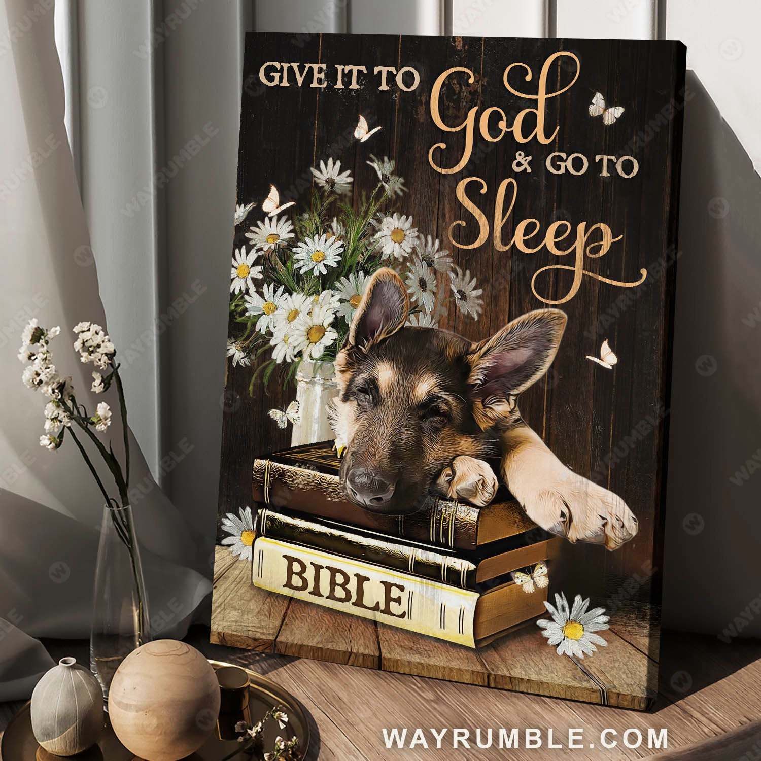 Little German Shepherd, Bible, Give it to God & go to sleep - Jesus Portrait Canvas Prints, Christian Wall Art