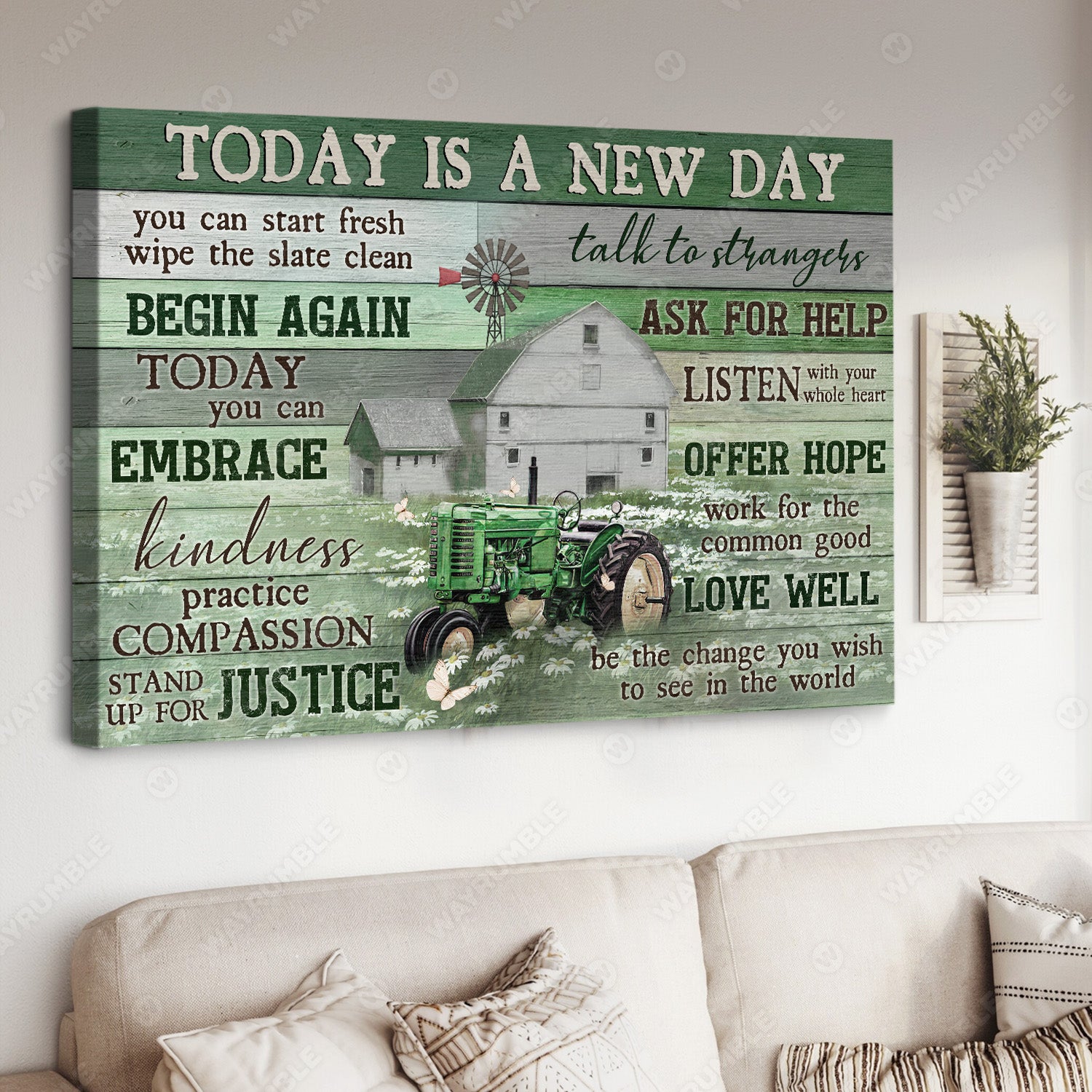 Green tractor, Vintage house, Daisy field, Today is a new day - Jesus Landscape Canvas Prints, Christian Wall Art