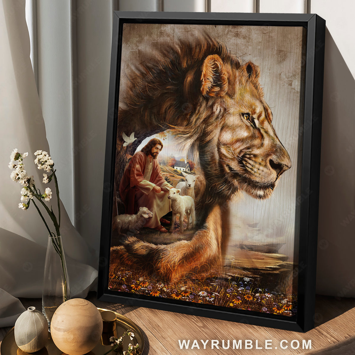 The lion of Judah, Jesus on the hill with the lambs - Jesus Portrait Canvas Prints, Christian Wall Art