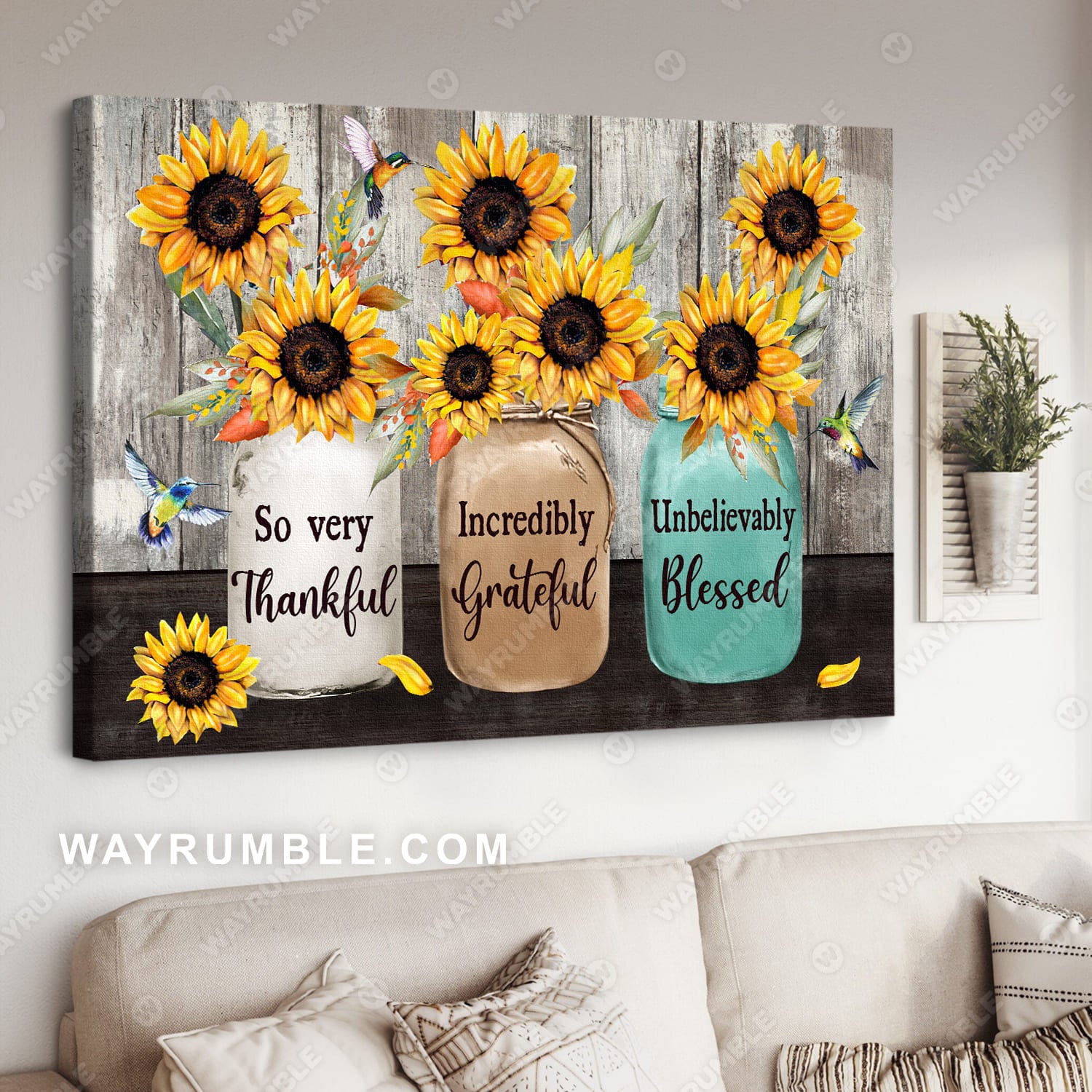 Big sunflower, Colorful vase, Beautiful hummingbird, So very thankful - Jesus Landscape Canvas Prints, Wall Art