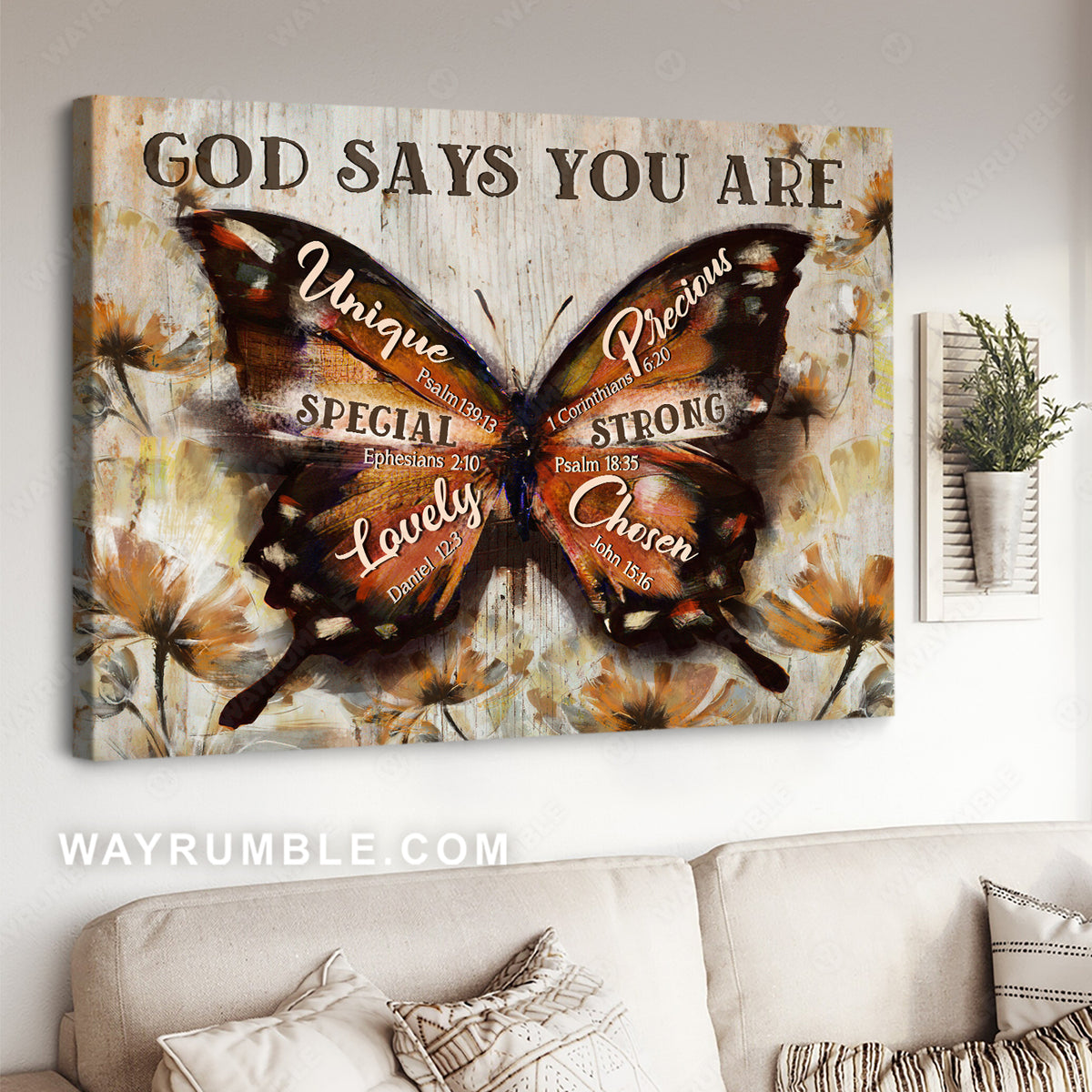 Watercolor butterfly, Orange flower, God says you are unique - Jesus Landscape Canvas Prints, Christian Wall Art