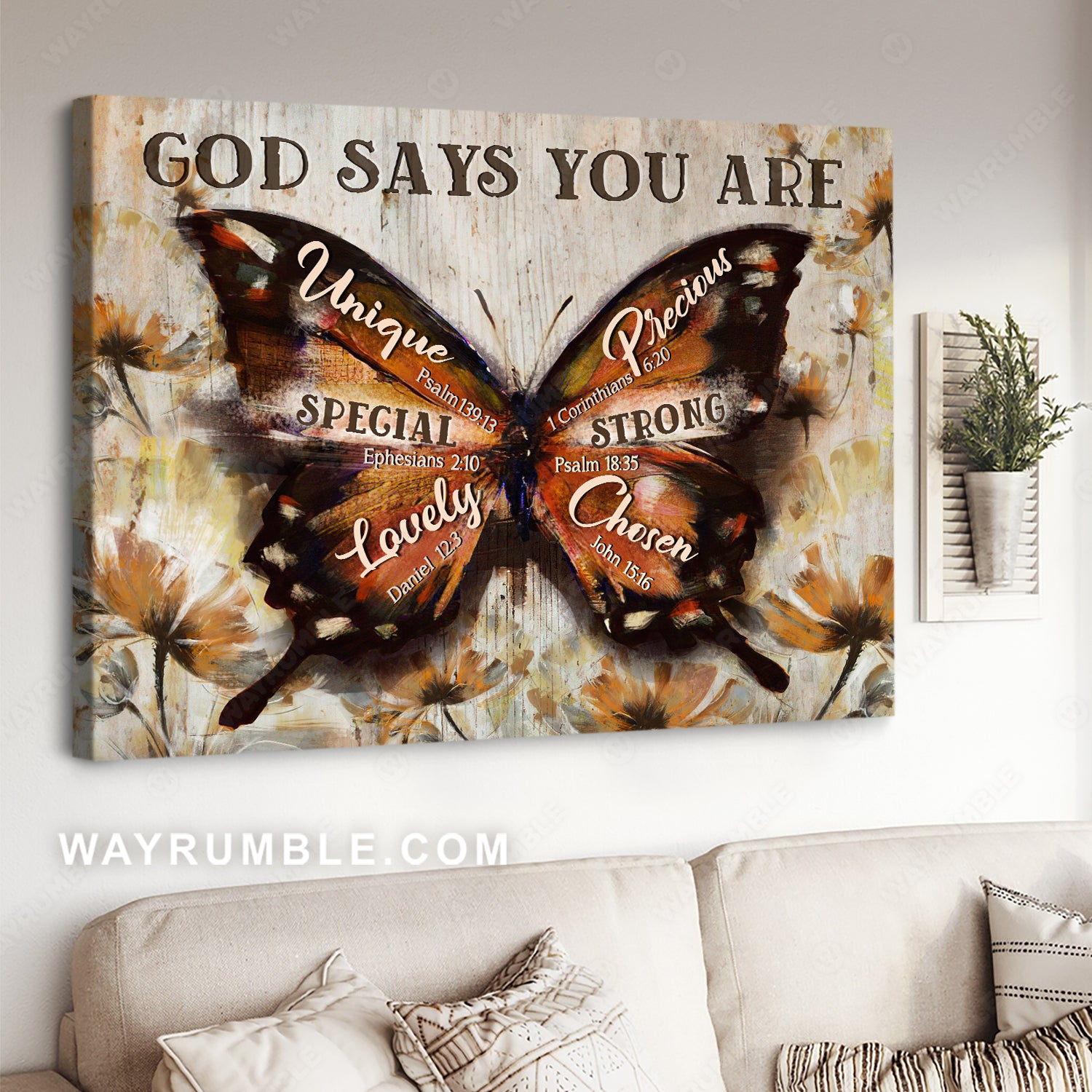 Watercolor butterfly, Orange flower, God says you are unique - Jesus Landscape Canvas Prints, Christian Wall Art