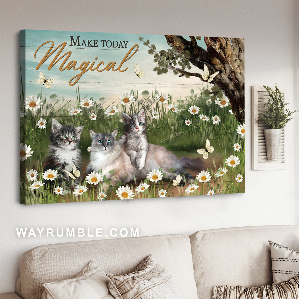 Grey tabby cat, Daisy garden, Make today magical - Jesus Landscape Canvas Prints, Christian Wall Art