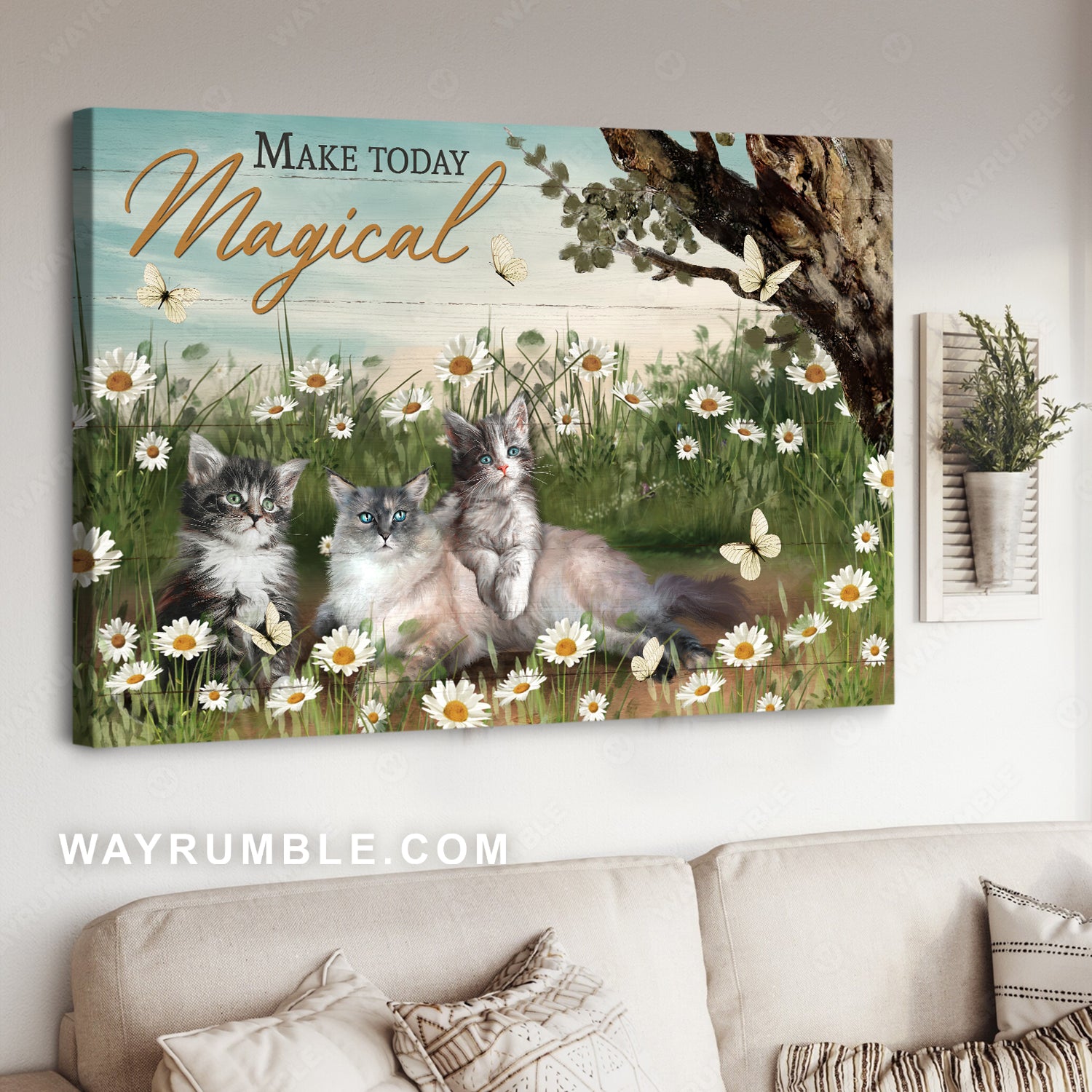 Grey tabby cat, Daisy garden, Make today magical - Jesus Landscape Canvas Prints, Christian Wall Art