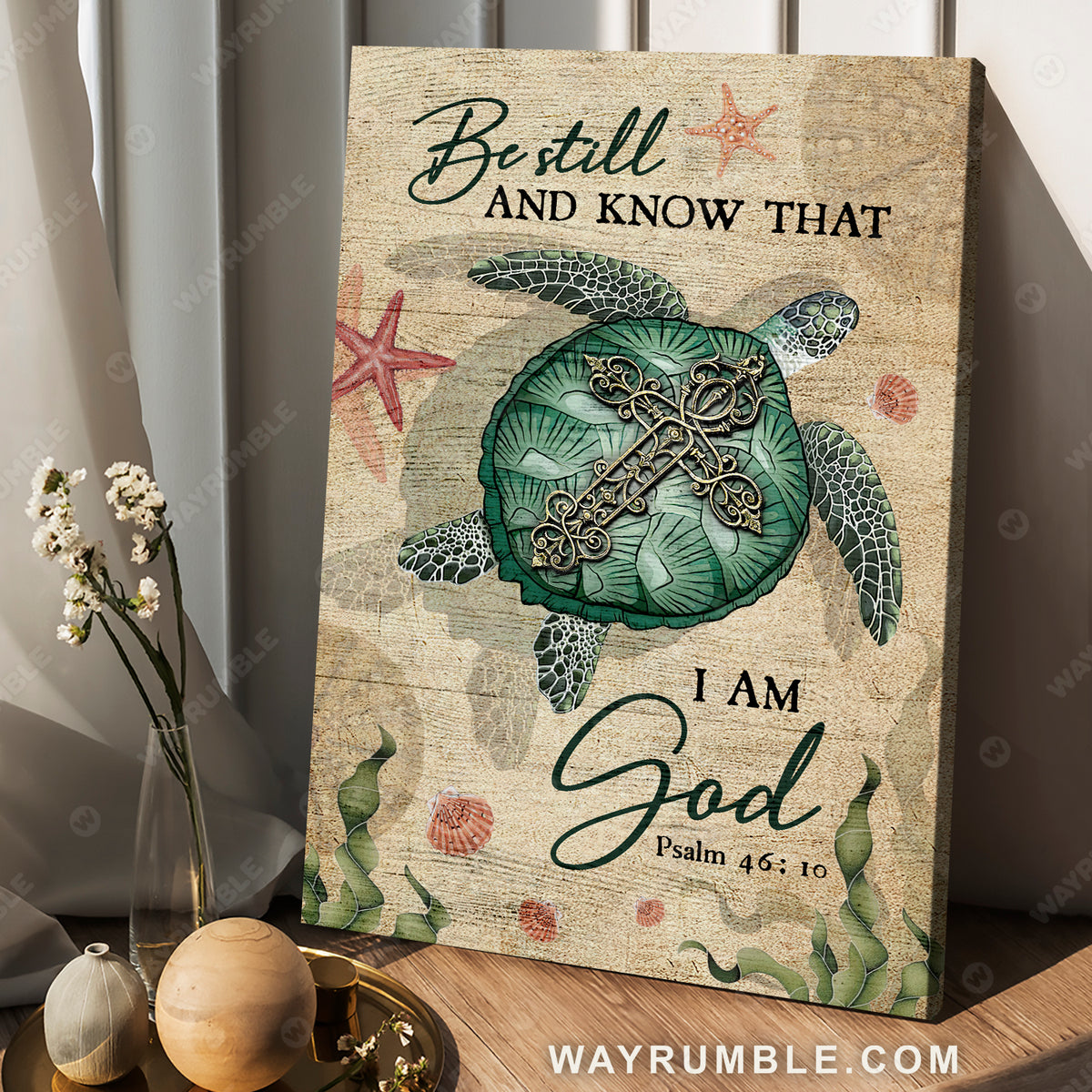Green sea turtle, Seaweed, Starfish, Be still and know that I am God - Jesus Portrait Canvas Prints, Christian Wall Art