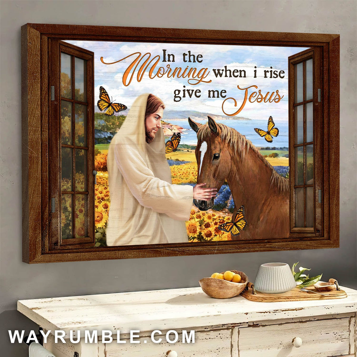 Jesus Painting, Horse, Sunflower field, Butterfly, In the morning when I rise give me Jesus - Jesus Landscape Canvas Prints, Wall Art