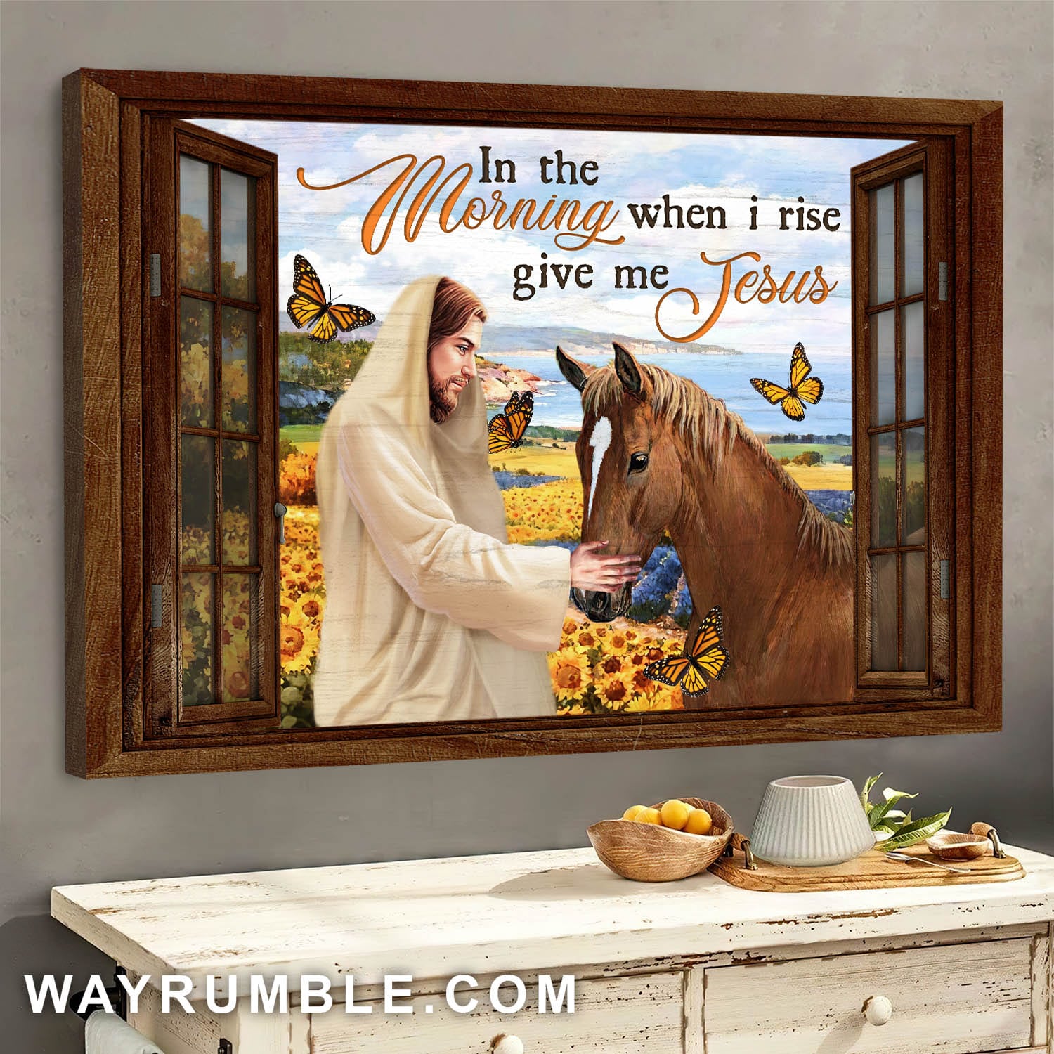 Jesus Painting, Horse, Sunflower field, Butterfly, In the morning when I rise give me Jesus - Jesus Landscape Canvas Prints, Wall Art