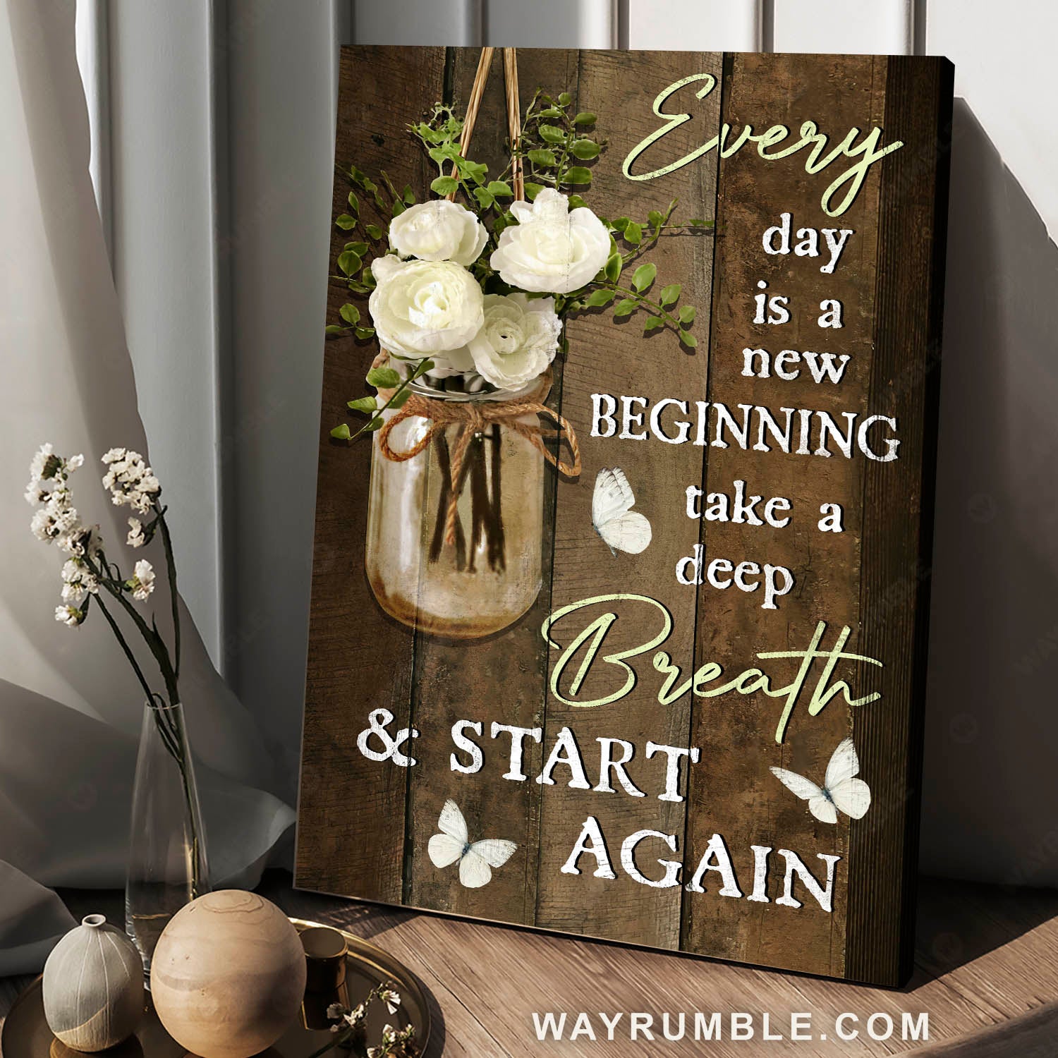 White rose, Hanging mason jars, White butterfly, Every day is a new beginning - Jesus Portrait Canvas Prints, Christian Wall Art