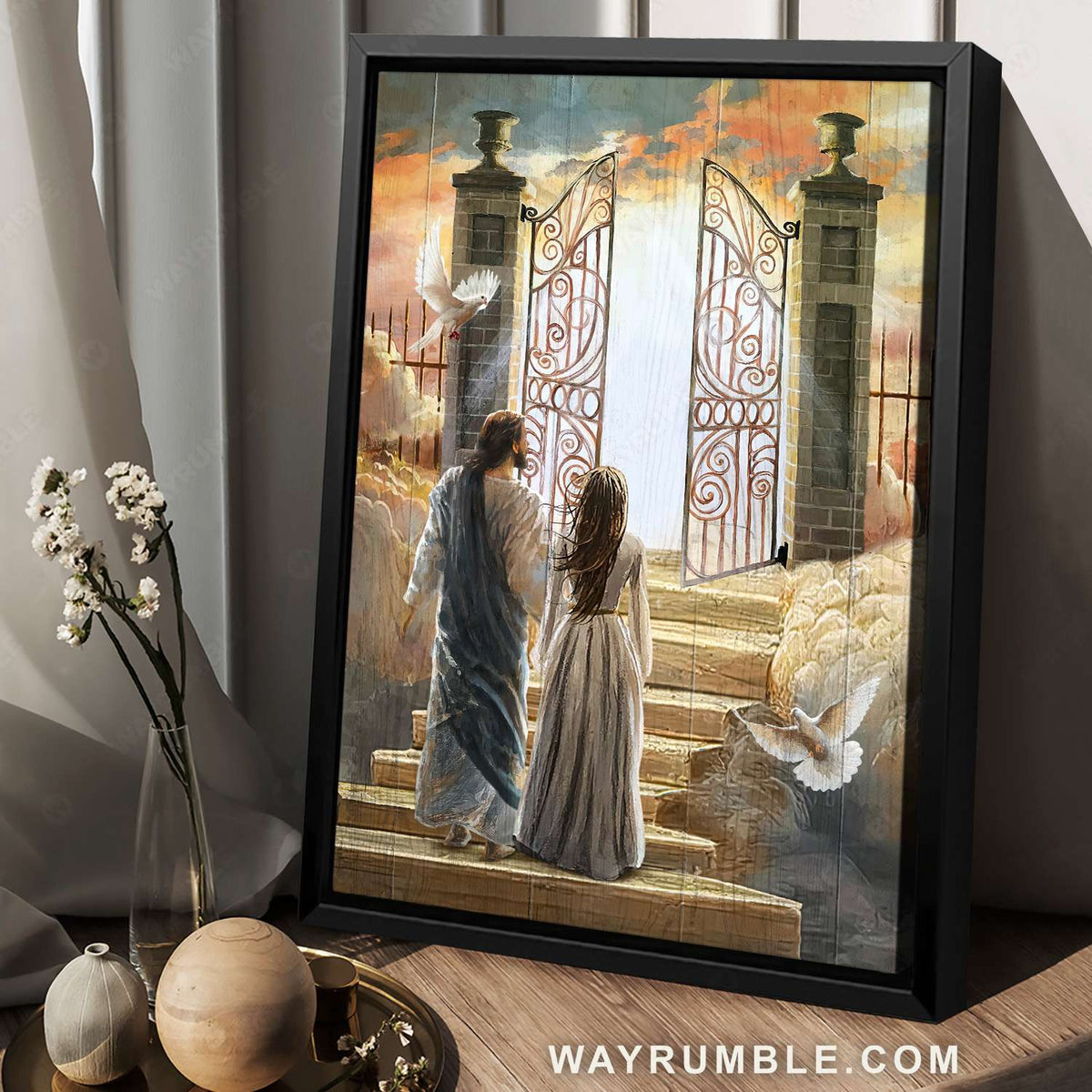 Beautiful woman, Jesus painting, Flying dove, Heaven door - Jesus Portrait Canvas Prints, Christian Wall Art