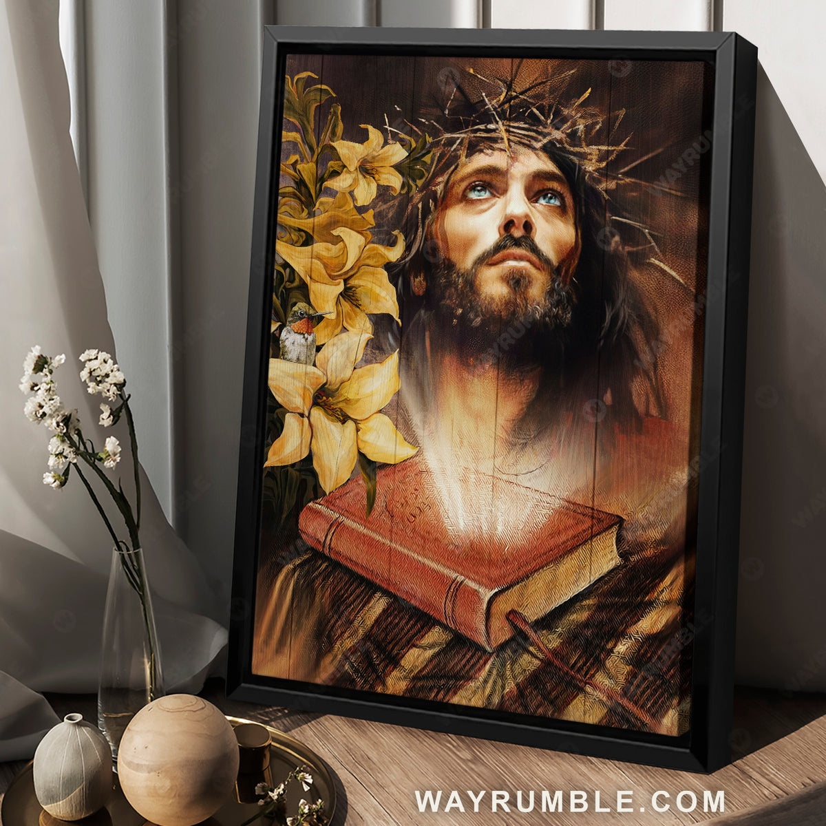 Jesus drawing, Yellow lily, Bible book, Hummingbird - Jesus Portrait Canvas Prints, Christian Wall Art