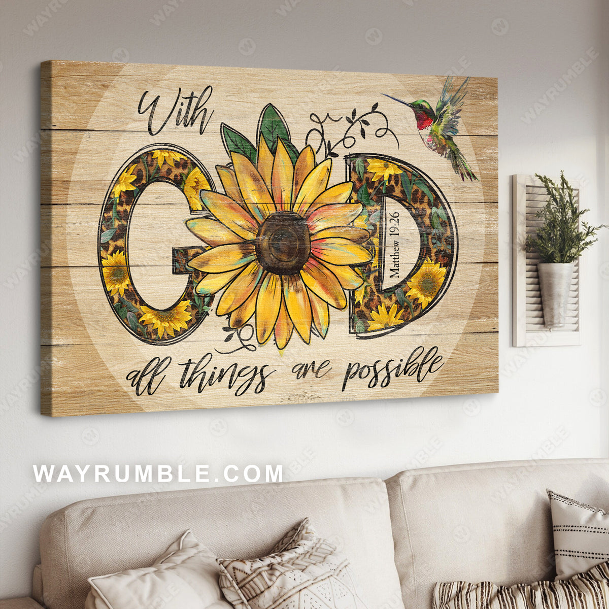 Sunflower drawing, Green hummingbird, With God all things are possible - Jesus Landscape Canvas Prints, Christian Wall Art