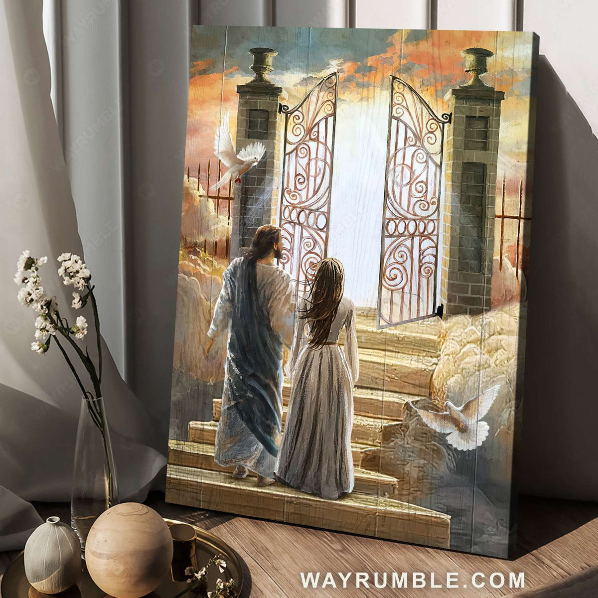 Beautiful woman, Jesus painting, Flying dove, Heaven door - Jesus Portrait Canvas Prints, Christian Wall Art