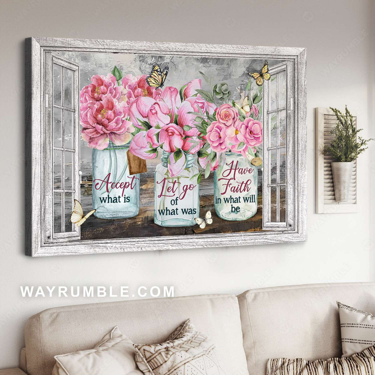 Pink peony, Pink rose, Pink camellia, Glass jars, Accept what is - Jesus Landscape Canvas Prints, Christian Wall Art
