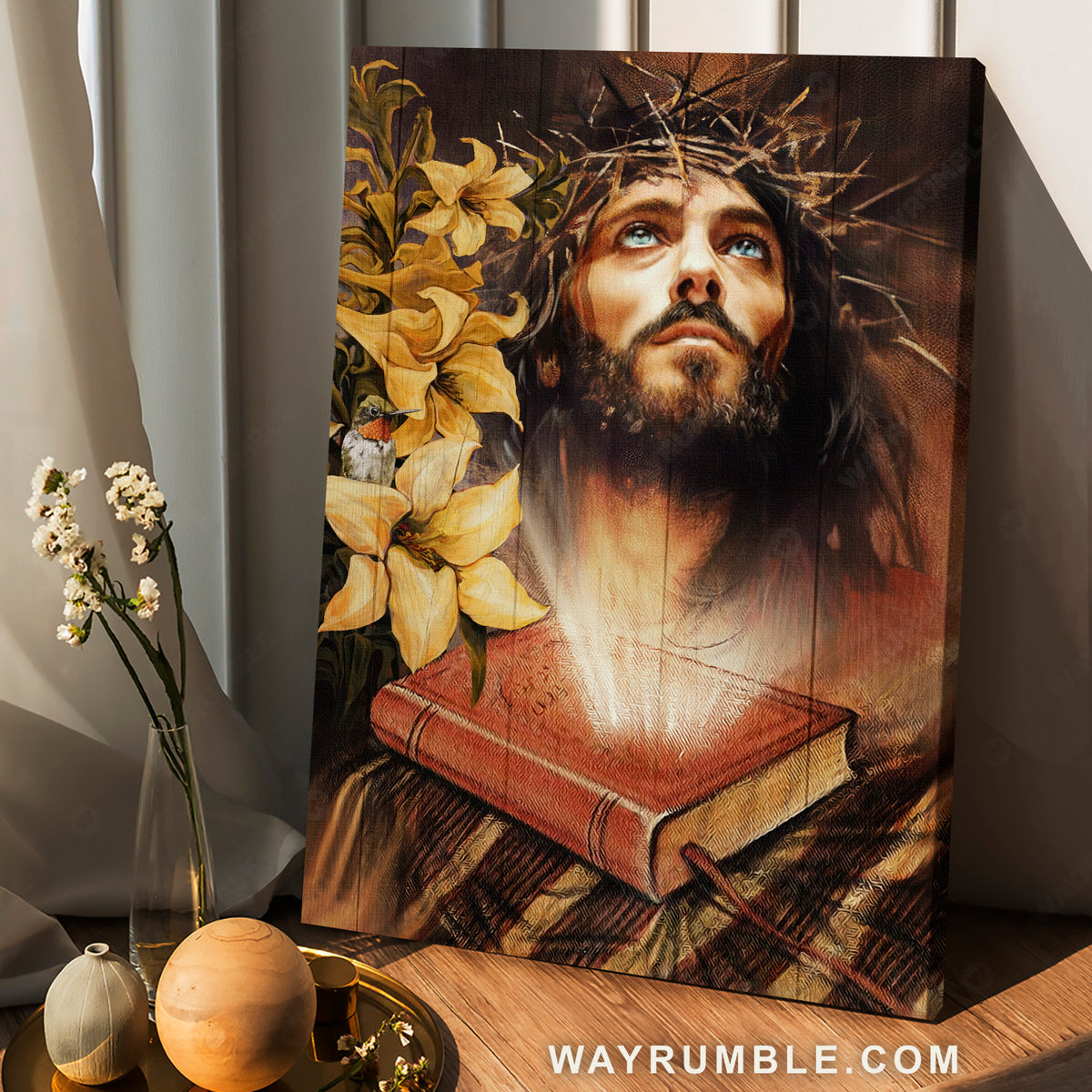 Jesus drawing, Yellow lily, Bible book, Hummingbird - Jesus Portrait Canvas Prints, Christian Wall Art