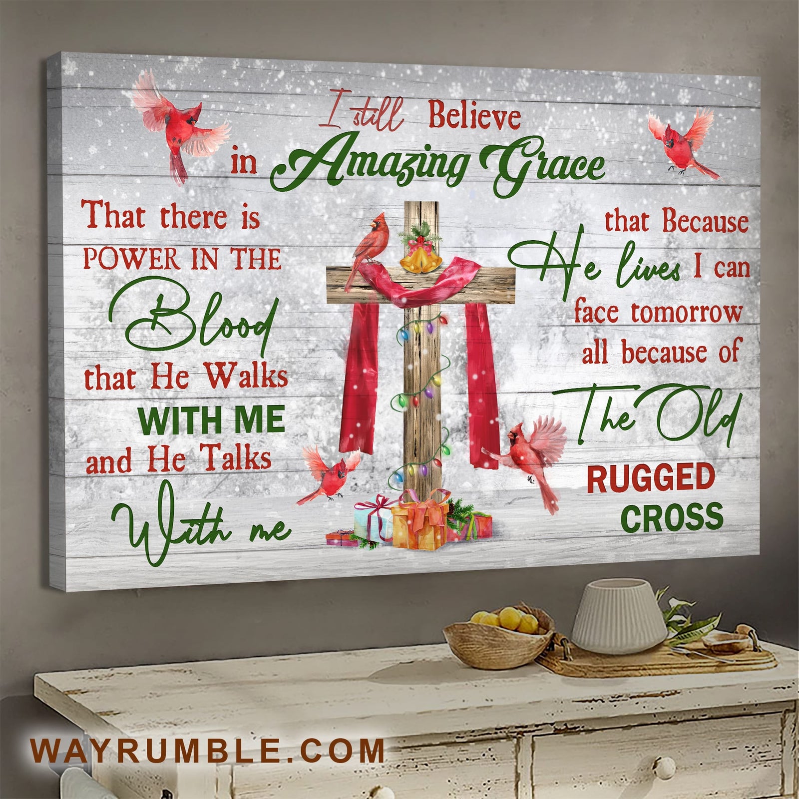Christmas, Cardinal, Cross, Snow day, I still believe in amazing grace - Jesus Landscape Canvas Prints, Wall Art