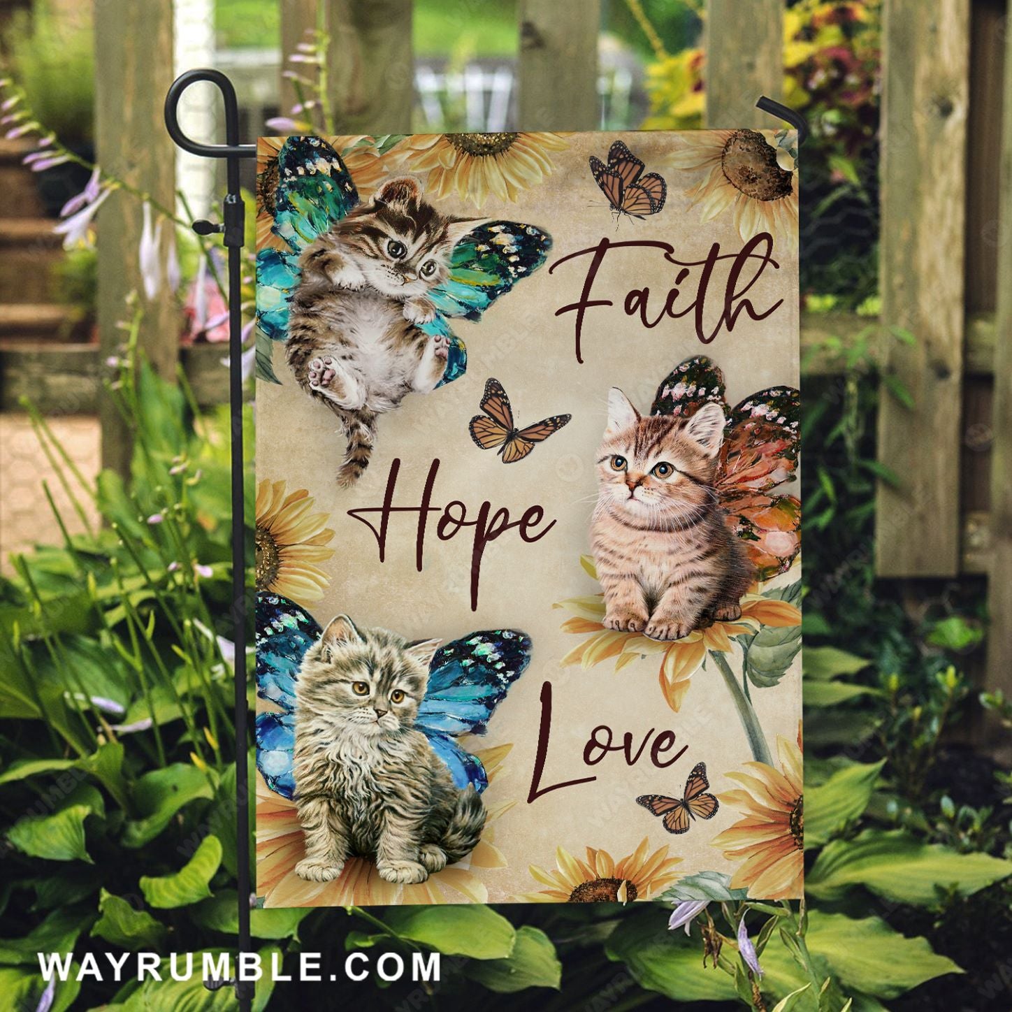 Little cat, Crystal butterfly, Sunflower painting, Faith, Hope, Love - Jesus Flag