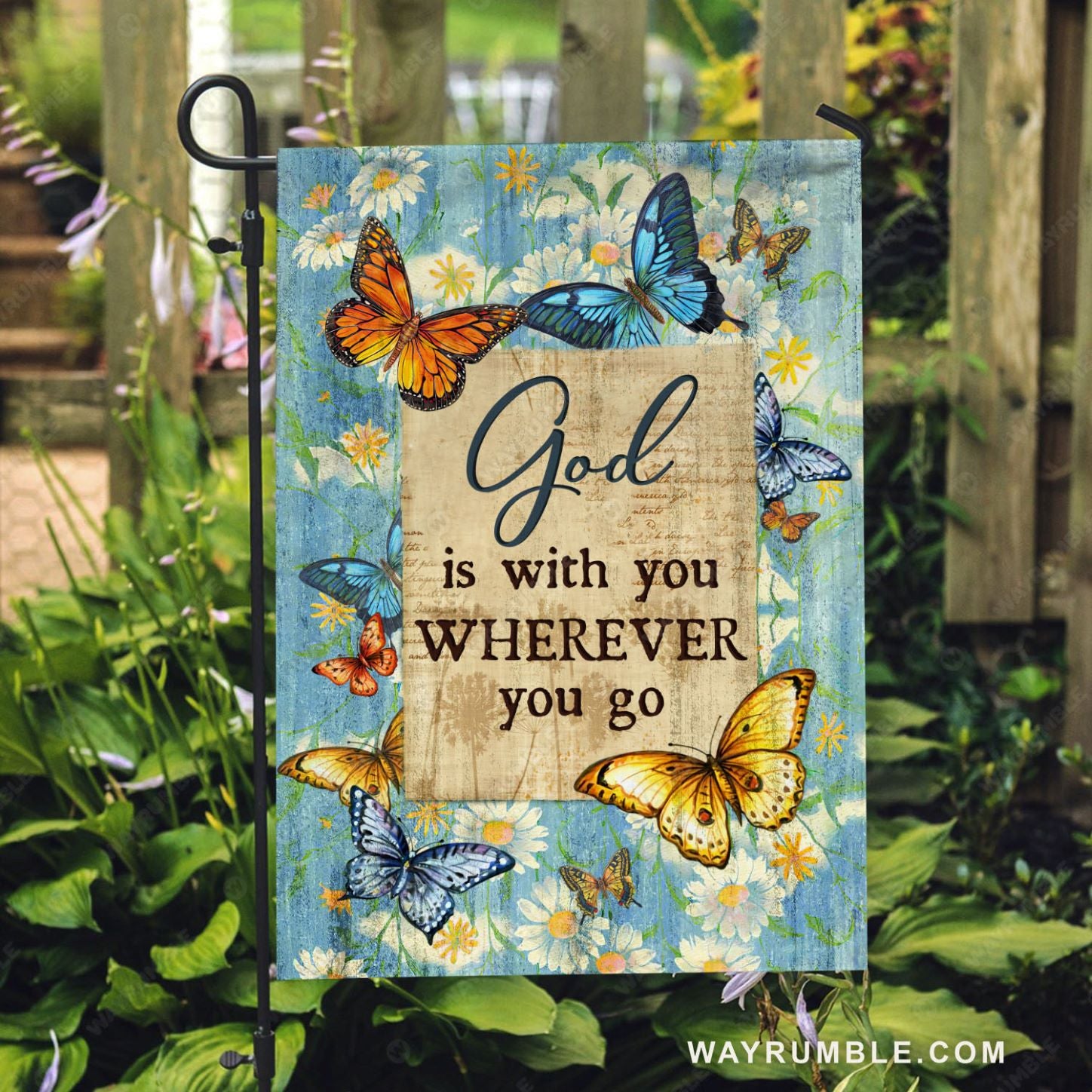 Beautiful butterfly, White daisy, God is with you wherever you go - Jesus Flag