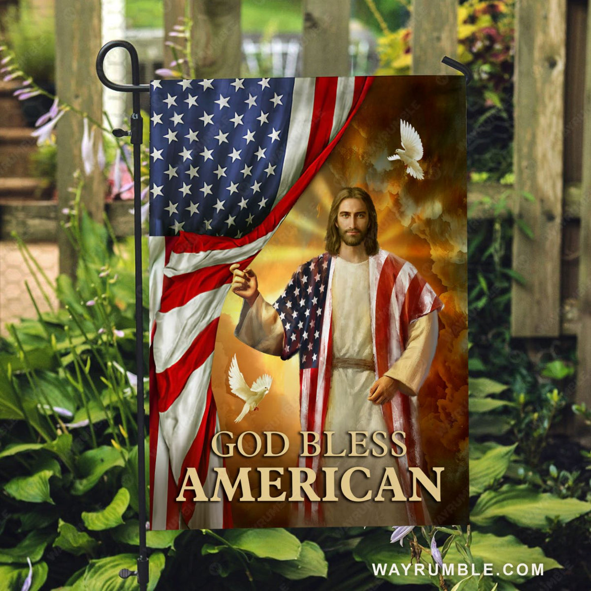 Jesus Christ, White doves, USA flag, Heaven light, God bless American - Jesus Flag