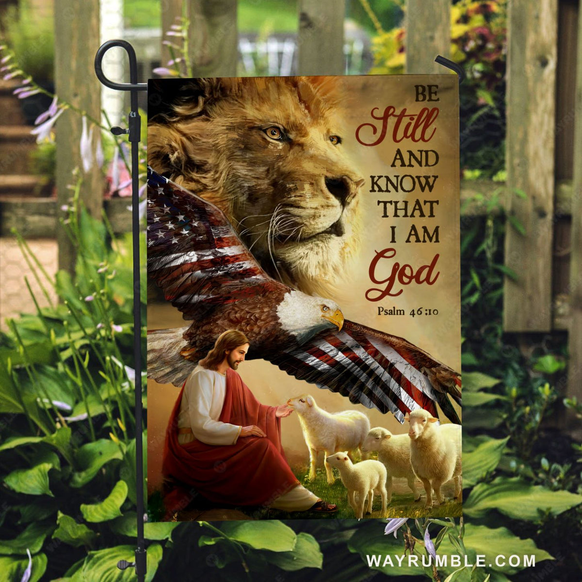 Jesus shepherd, Lion king, Lambs of God, US eagle, Be still I am God - Jesus Flag