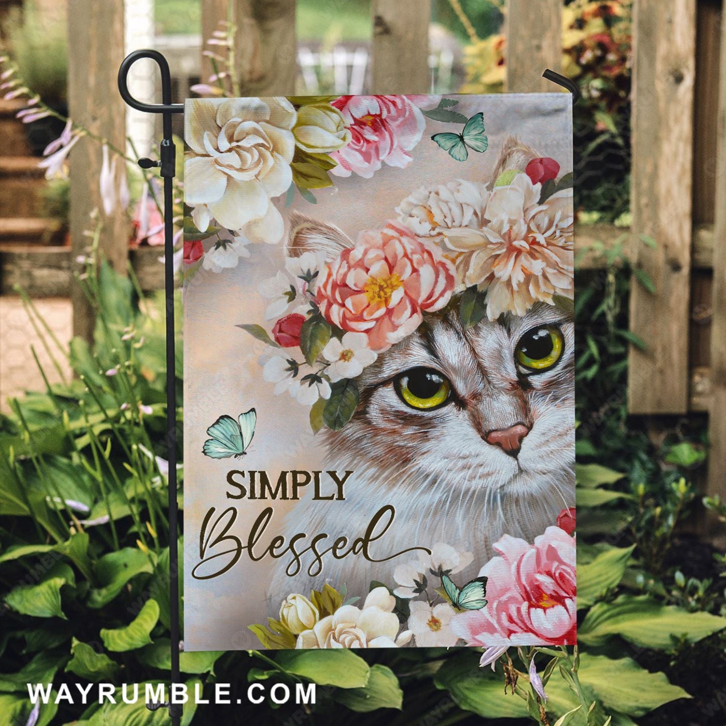 Pretty cat, Brilliant flower garden, Blue butterfly, Simply blessed - Jesus Flag