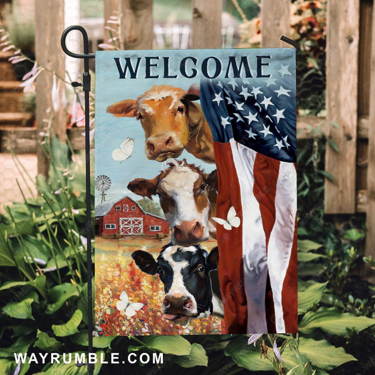 Watercolor dairy cow, US flag, Beautiful flower field, Welcome - Cow Flag
