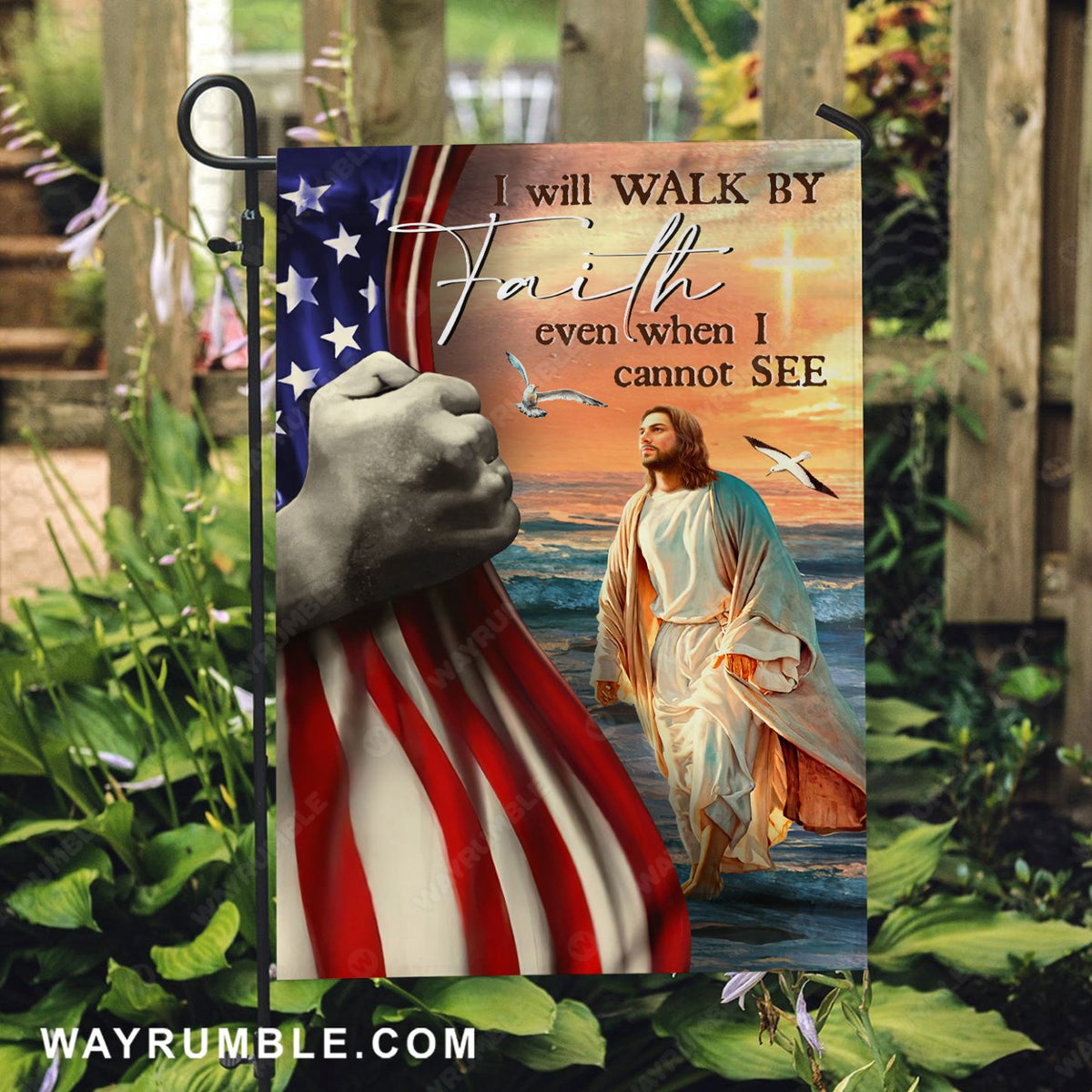 Jesus walk on water, Orange sunset, US flag, I will walk by faith - Jesus Flag