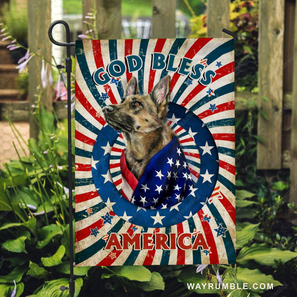 German shepherd drawing, US flag, White star, God bless America - Jesus Flag