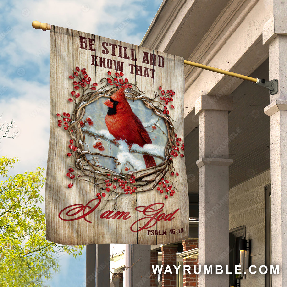 Red cardinal drawing, Cranberry wreath, Winter forest, Be still and know that I am God - Jesus Flag