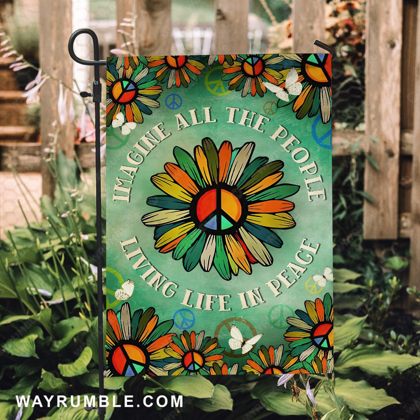Hippie vibe, Colorful flower, Imagine all the people living life in peace - Jesus Flag