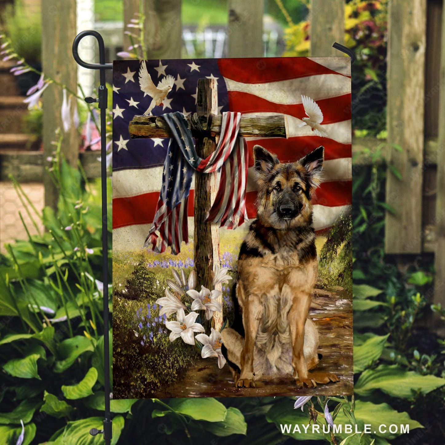 German Shepherd painting, Old US flag, Lily flower, Wooden cross - Jesus Flag