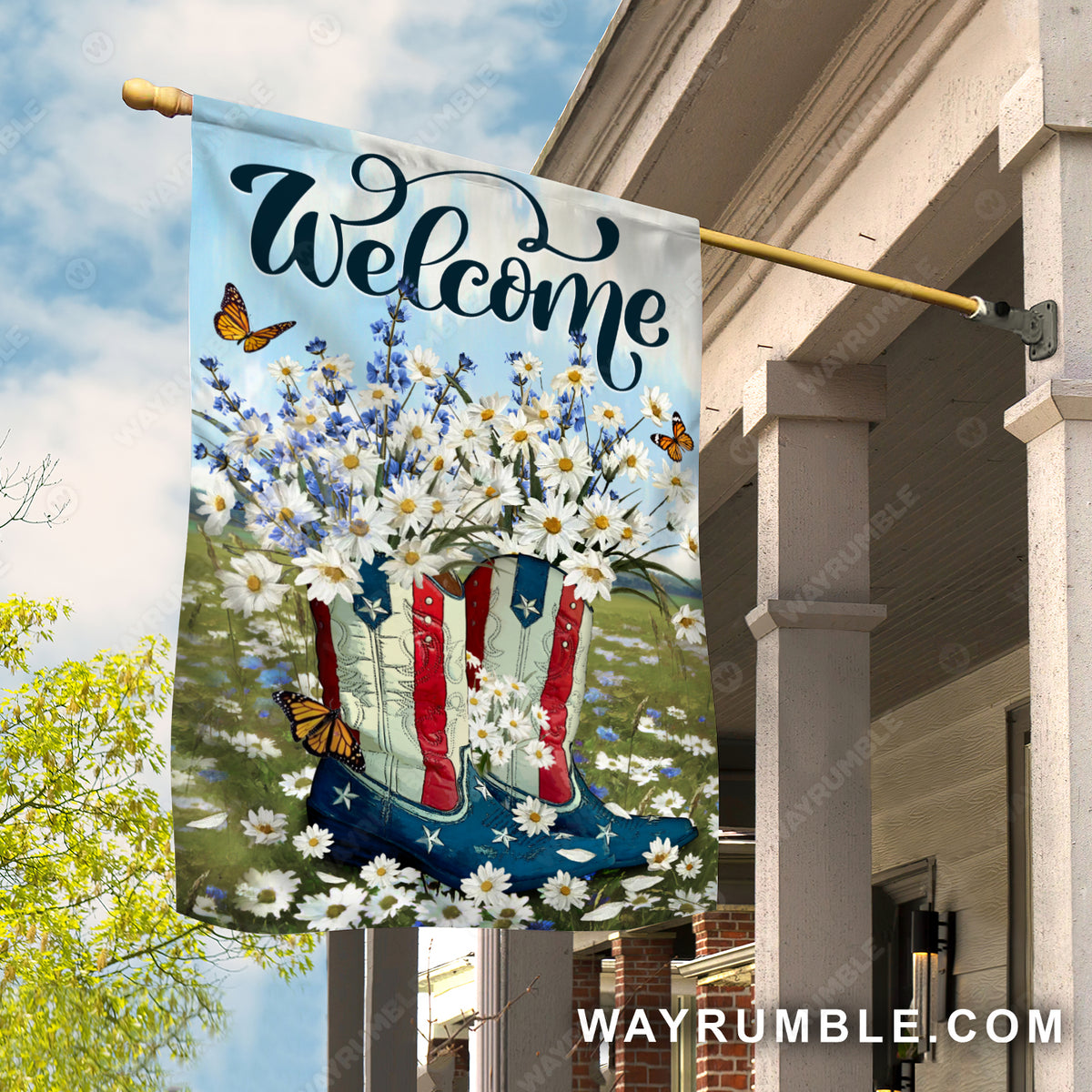 Daisy flower field, Colorful boots, Orange butterfly, Welcome - Jesus Flag