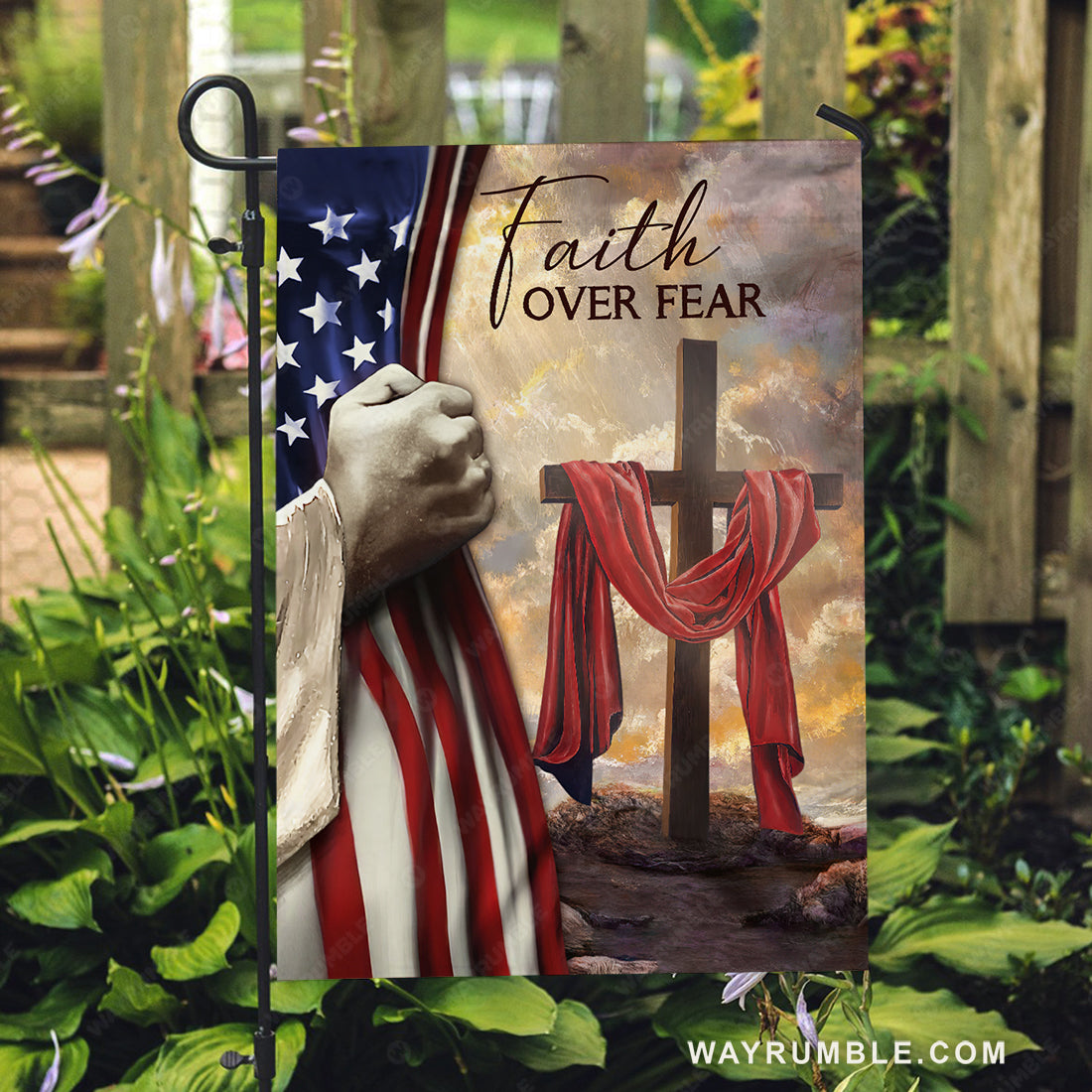 Unique cross, Red silk, Old US flag, Jesus's hand, Faith over fear - Jesus Flag