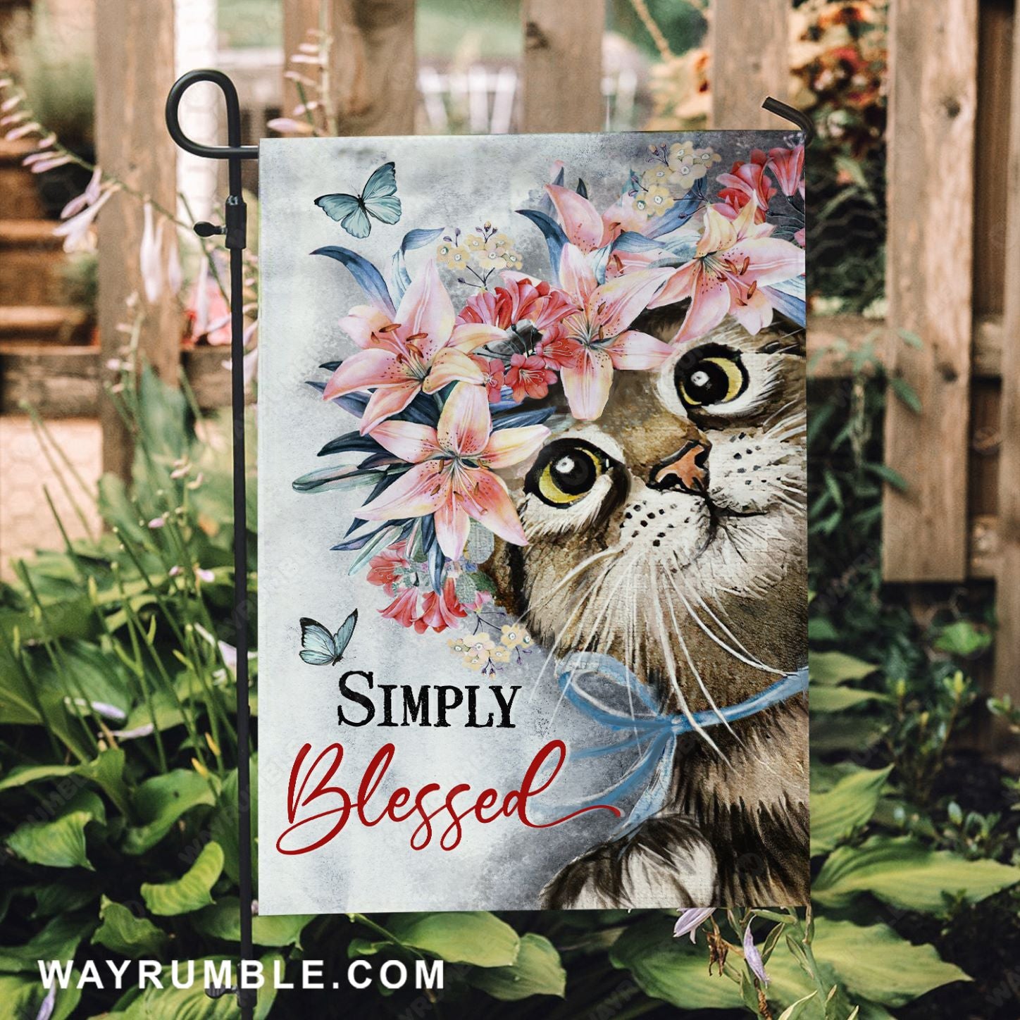 Cute cat drawing, Flower wreath, Blue butterfly, Simply blessed - Jesus Flag