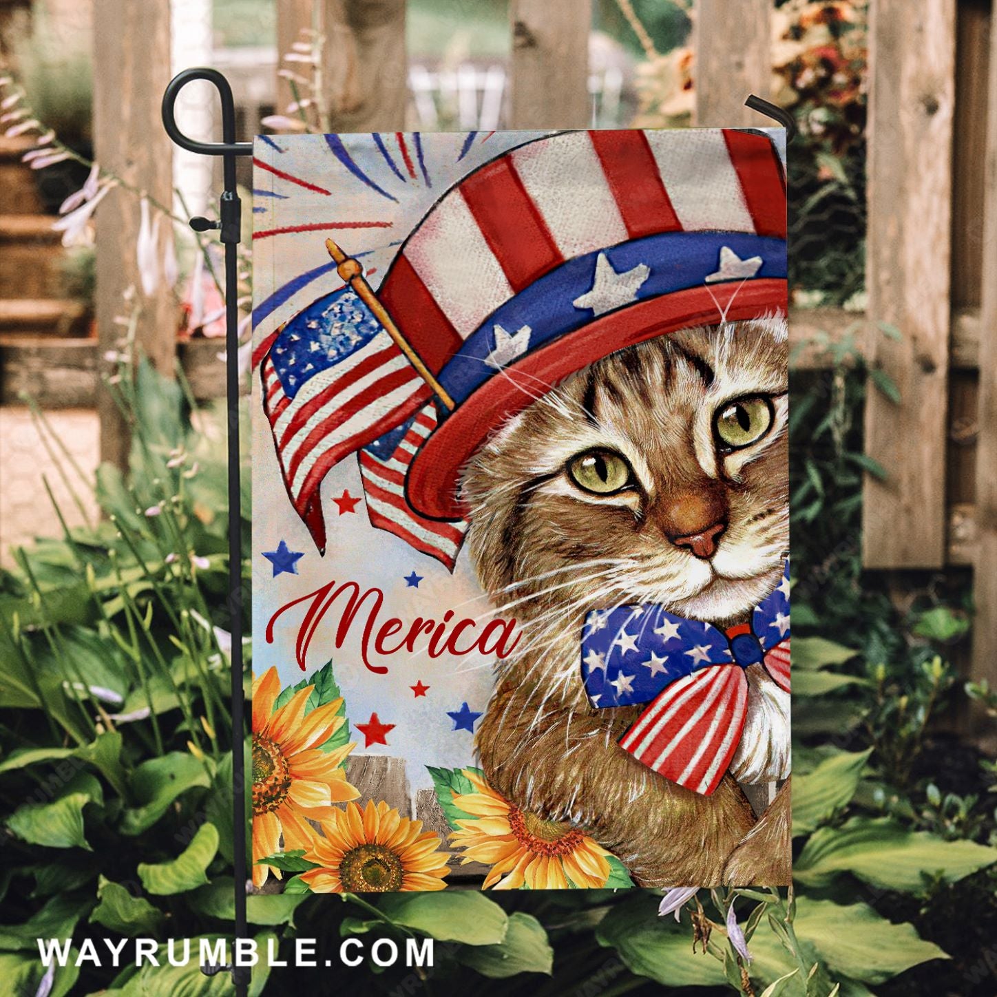 Watercolor cat, Colorful hat, US flag, Sunflower drawing, Merica - Jesus Flag
